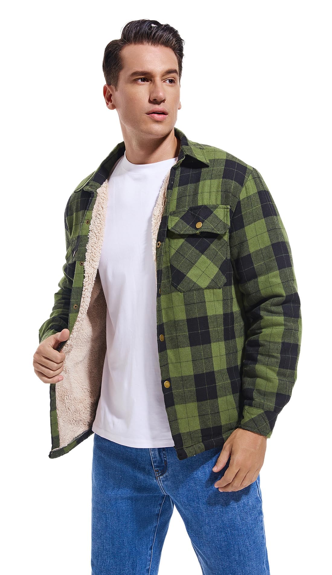 Puwasa Men's Cotton Flannel Shirt Jacket, Long Sleeve Fleece Casual Button Down Plaid Jacket, Brushed Soft Outdoor Coat with Pocket Army Green X-Large Tall