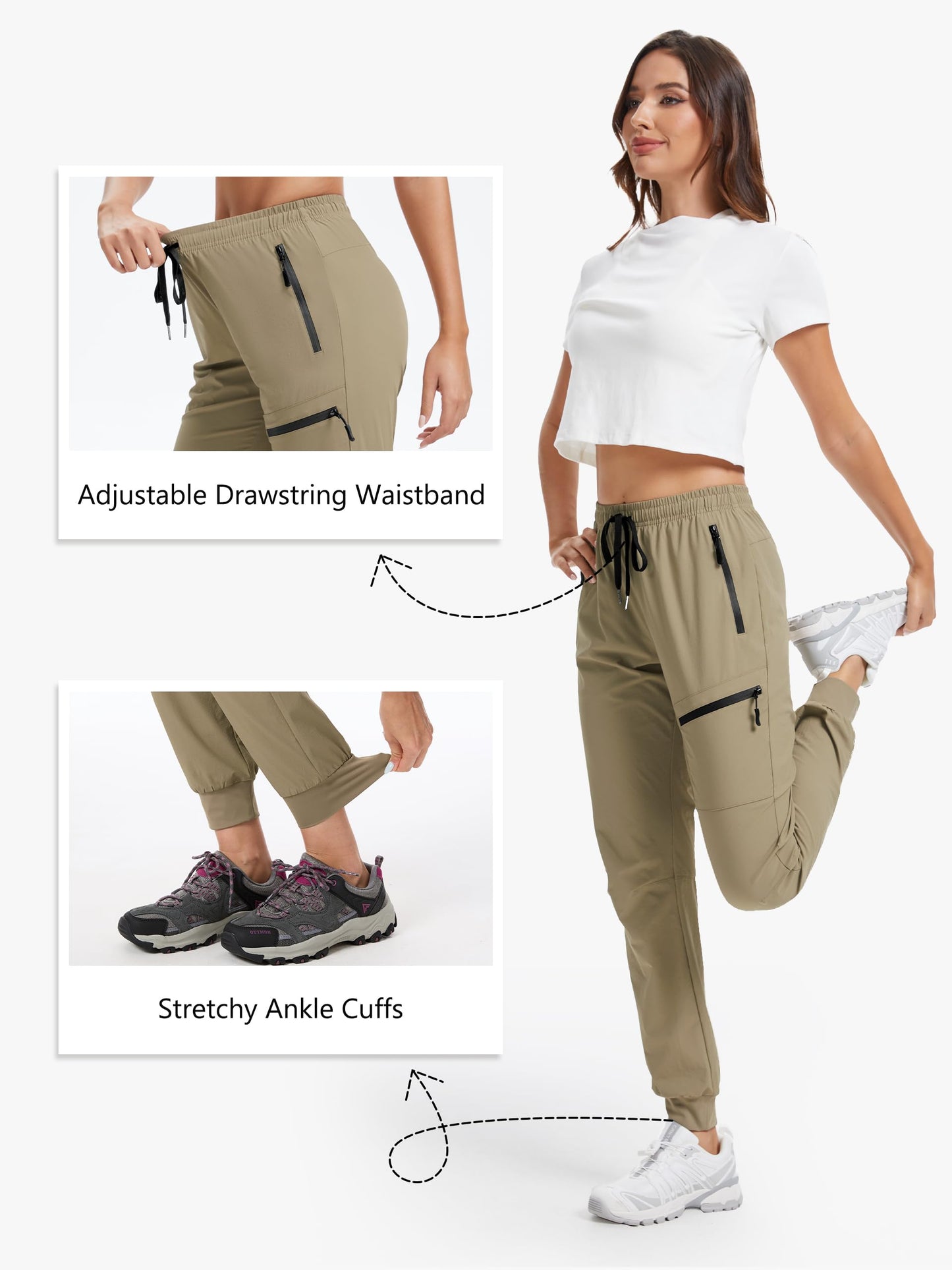 Tallemon Womens Tall Hiking Pants 30/32/34 Inseam Lightweight Joggers Quick Dry 4 Pockets Travel Athletic Cargo UPF50+ 34" Khaki Small