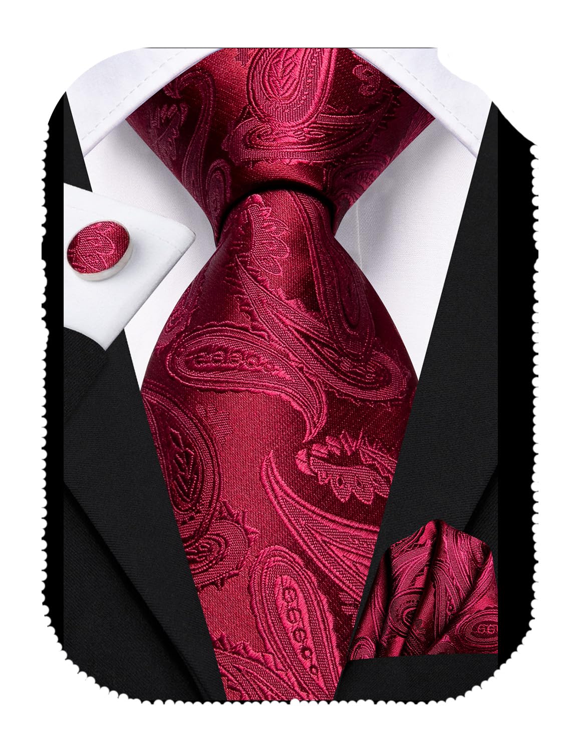 Hi-Tie 70'' Burgundy Ties for Men Silk Paisley Extra Long Men's Ties Set Necktie and Pocket Square Cufflinks for Wedding