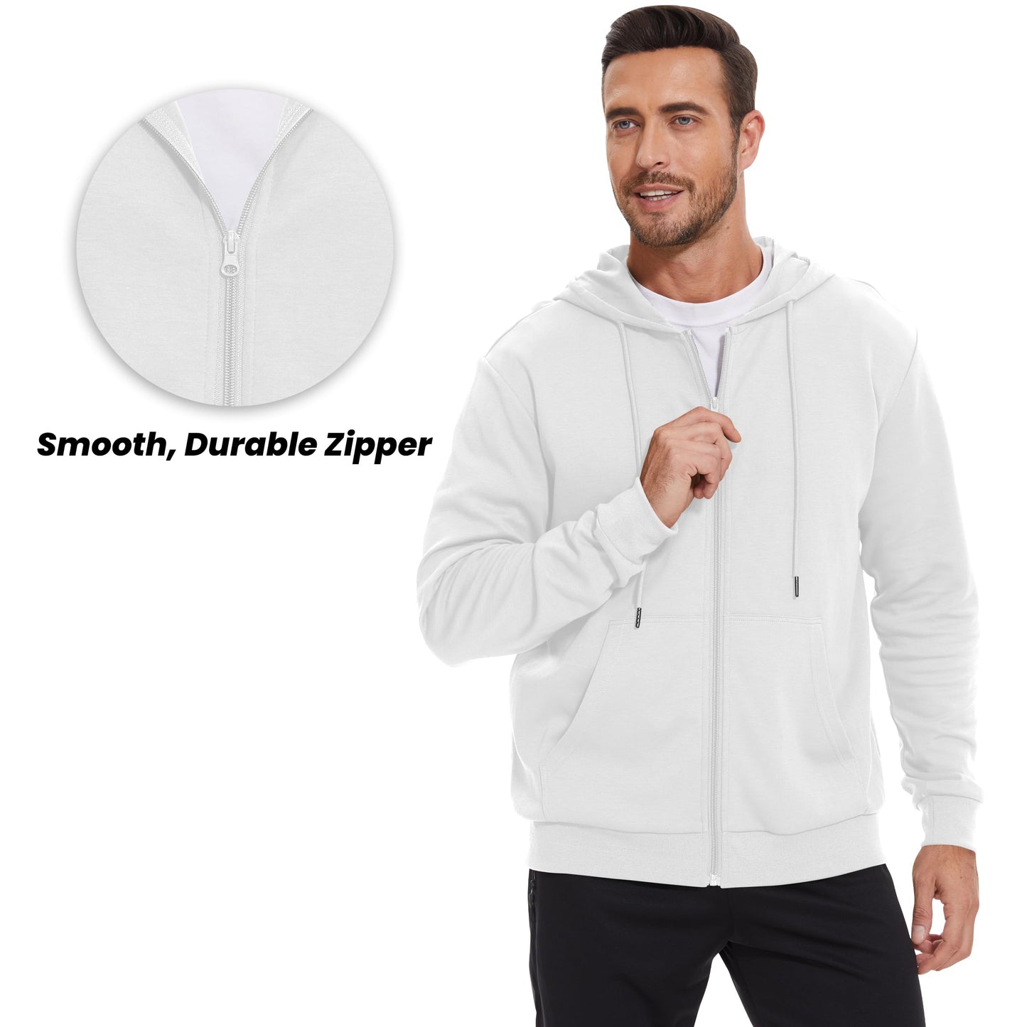 LETAOTAO Lightweight Hoodie Men Zip Up Hooded Sweatshirt Thin Slim Fit Jacket Available in Regular & Tall Sizes（White，Tall-2XL）
