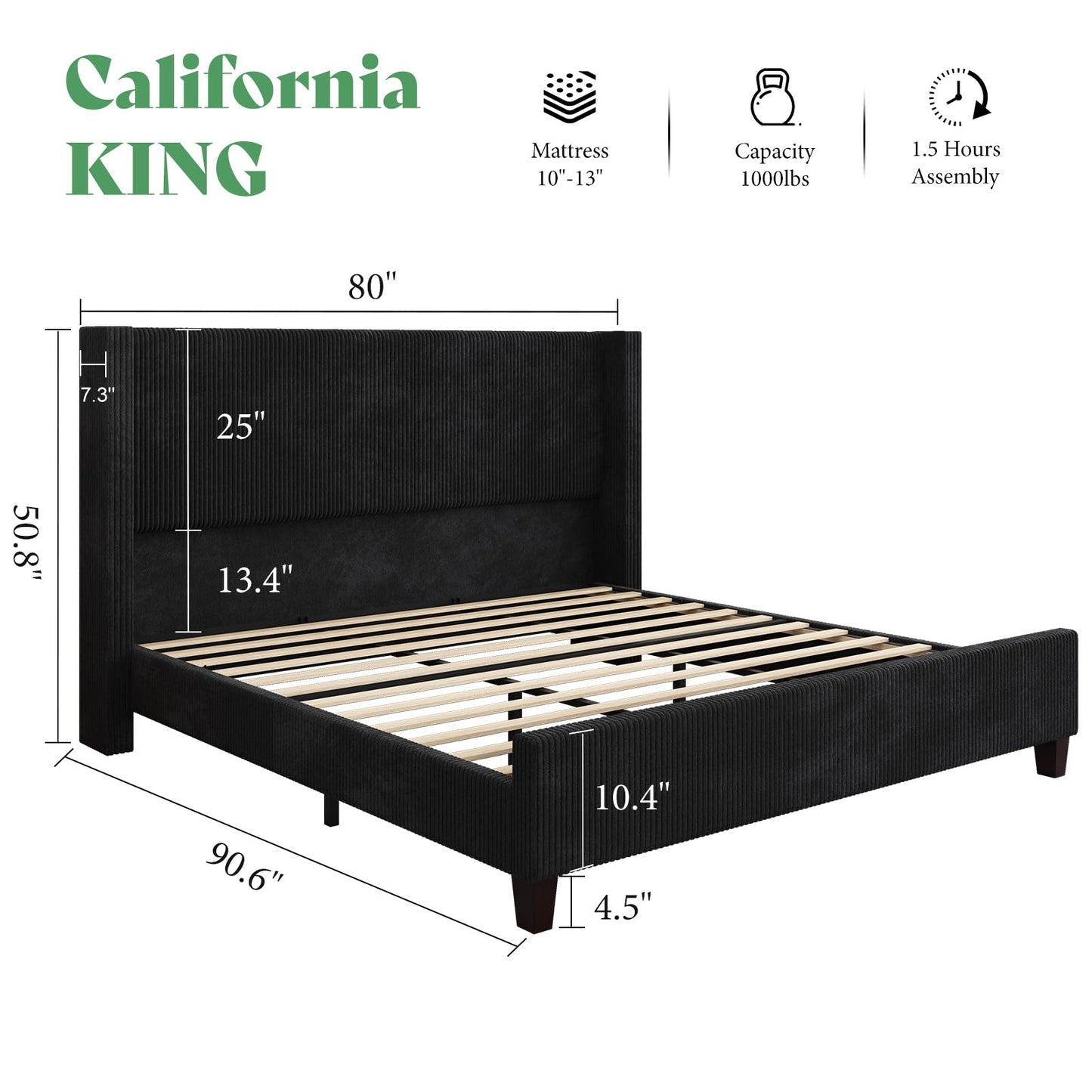 AMERLIFE California King Size Upholstered Bed Frame with 50.8" Tall Headboard, Wingback Platform Bed with Solid Wood Legs, Wooden Slats, Corduroy/No Box Spring Needed/Noise Free/Black