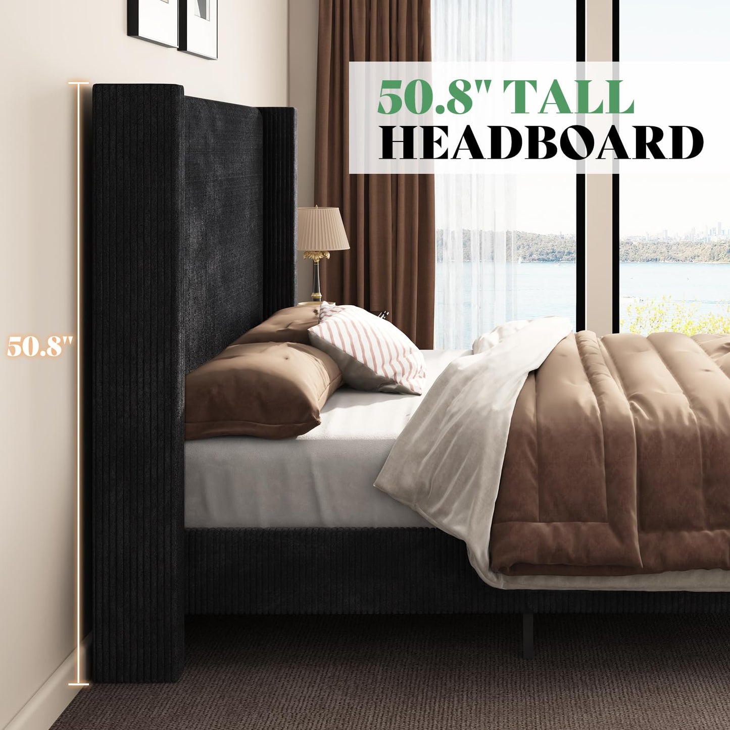 AMERLIFE California King Size Upholstered Bed Frame with 50.8" Tall Headboard, Wingback Platform Bed with Solid Wood Legs, Wooden Slats, Corduroy/No Box Spring Needed/Noise Free/Black