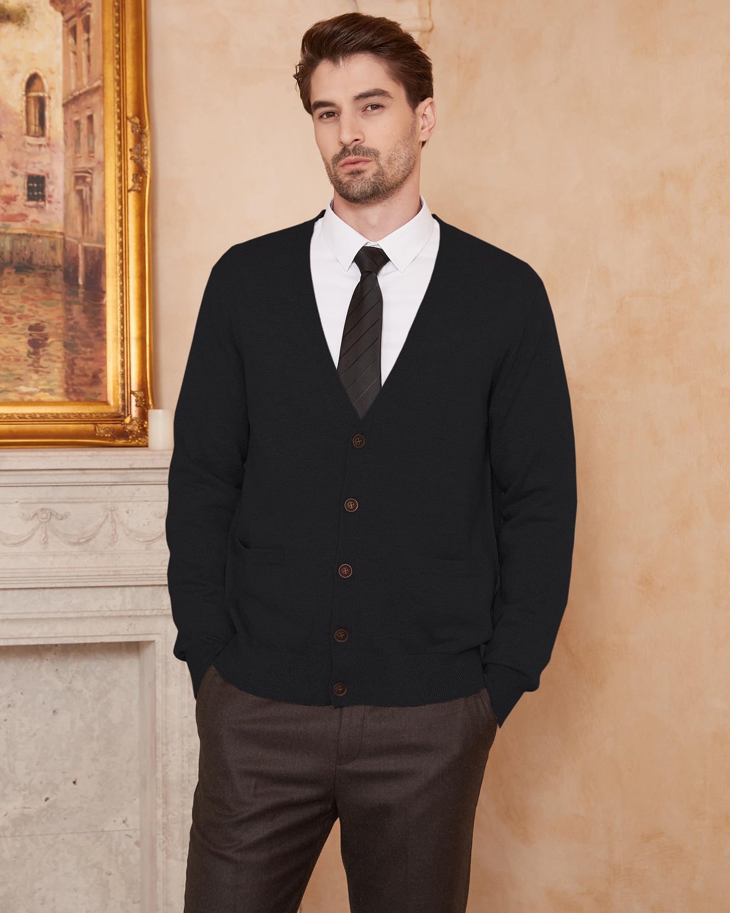 Kallspin Men's Tall Cardigan Sweaters Wool Blend V Neck Button Down Sweaters with Pockets(Black, L-Tall)