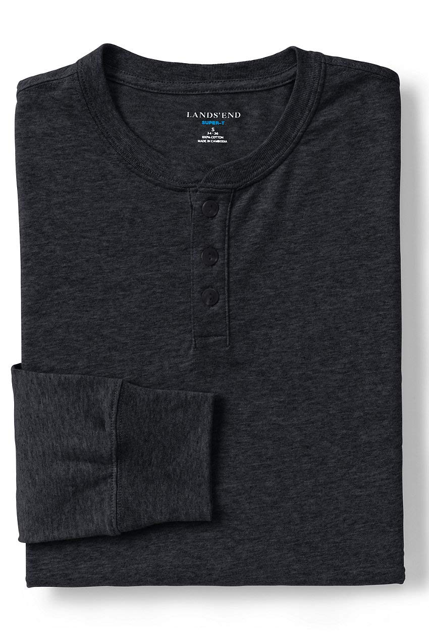Lands' End Mens Long Sleeve Super-T Henley Dark Charcoal Heather Tall Medium