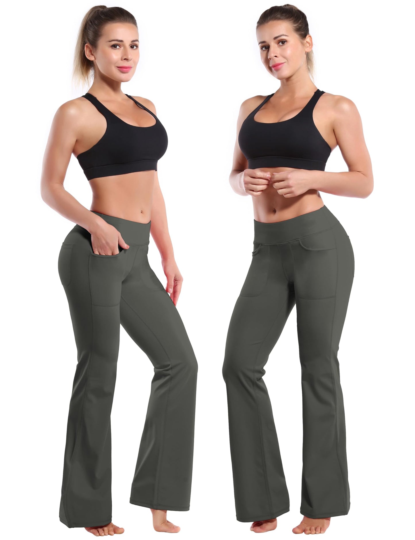 BUBBLELIME 29"/31"/33"/35" 4 Styles Women's High Waist Bootcut Yoga Pants - Out Pockets_OLIVEGRAY M-35 Inseam