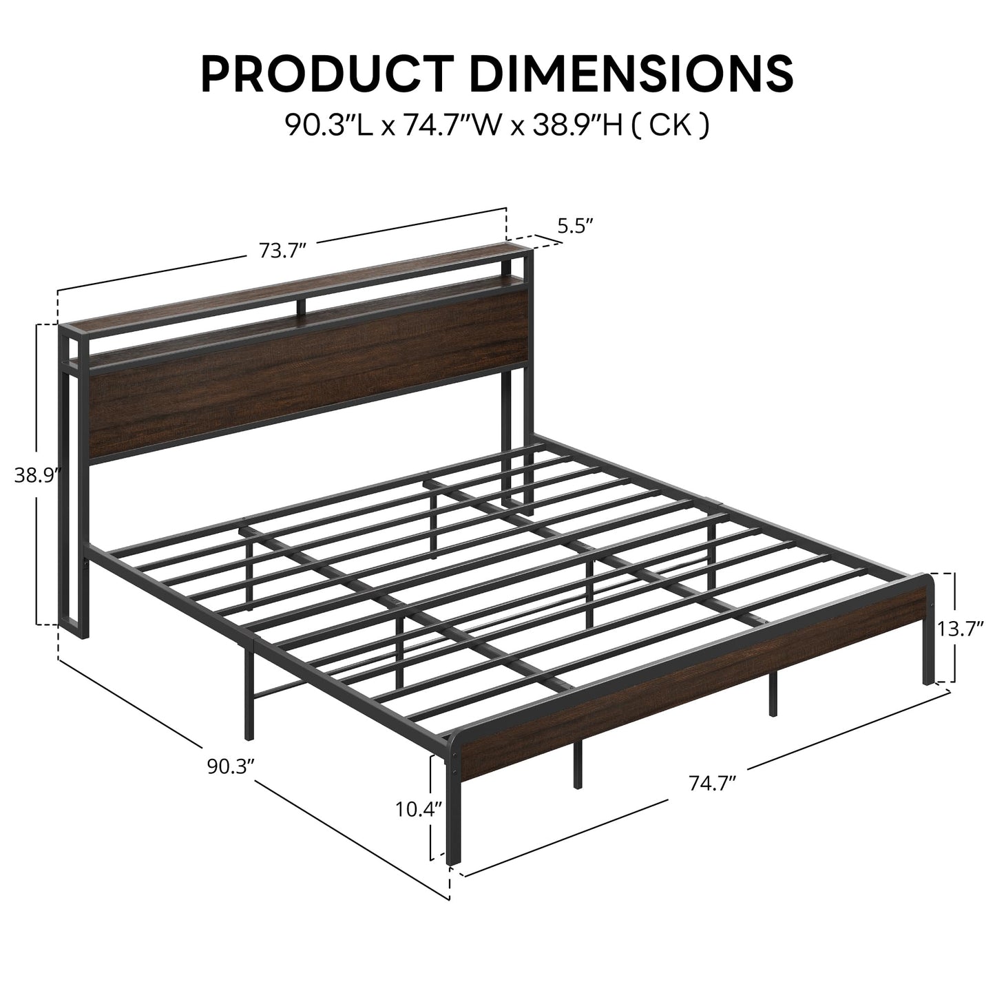 LIKIMIO California King Bed Frame with Headboard, Dark Wood Camas California King with Strong Supports, Sturdy, Noise-Free, No Box Spring Needed, Dark Brown