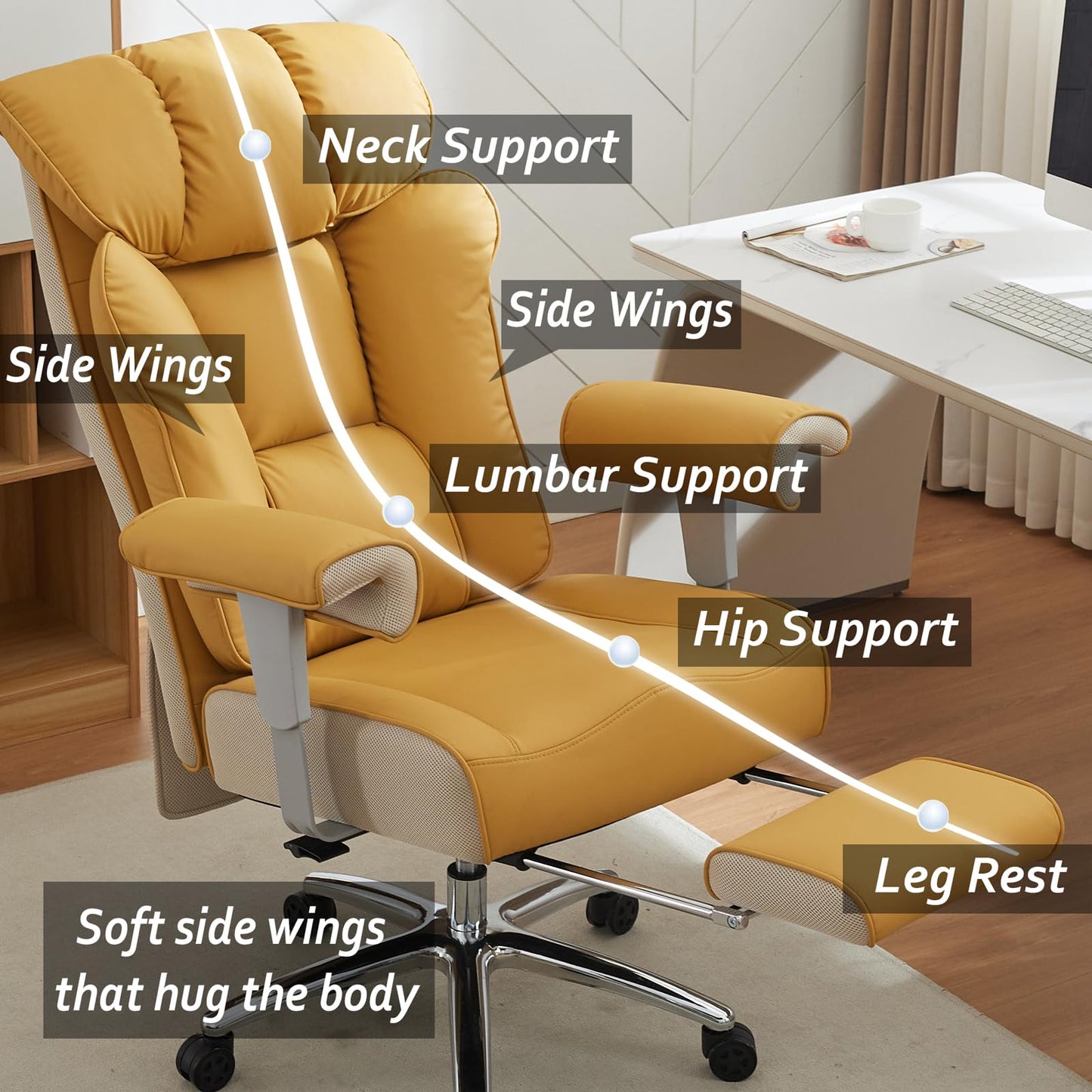 Efomao Big and Tall Green Office Chair 450LBS – Ergonomic High-Back Executive Chair with Footrest, Adjustable Padded Armrests, PU Leather Computer Chair with Lumbar Support for Home or Office, Yellow