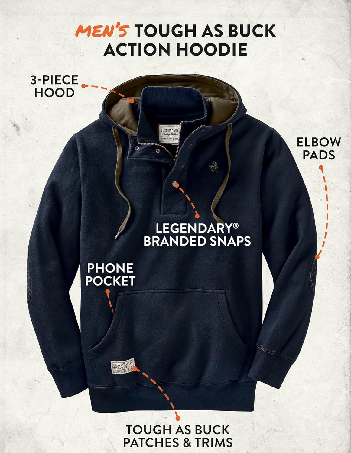 Legendary Whitetails Men's Tall Size Tough As Buck 1/4 Zip Action Hoodie, Midnight Navy, Large
