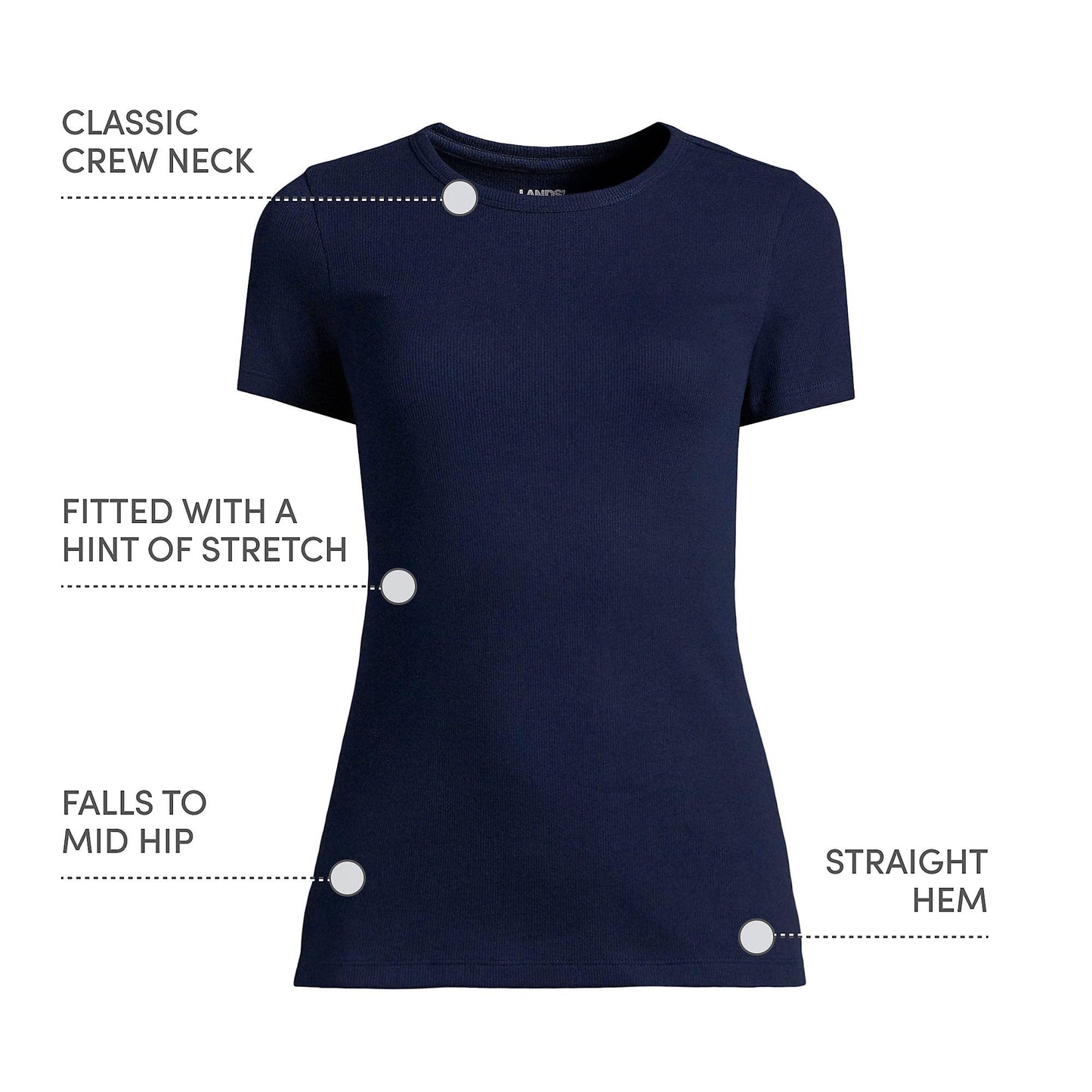 Lands' End Womens Short Sleeve Micro Rib Crew Deep Sea Navy Tall Medium