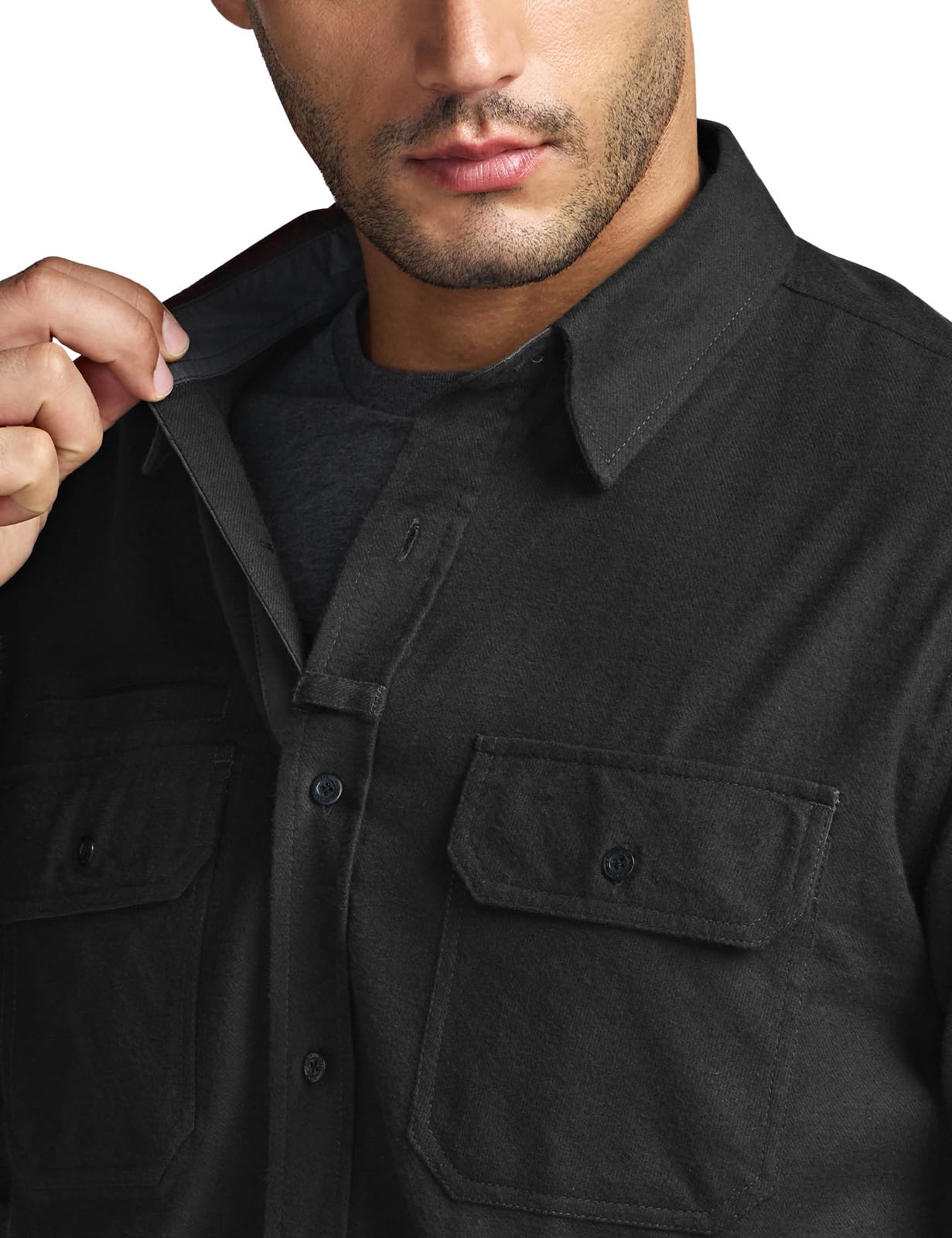 CQR Men's Flannel Button Down Shirts, Soft Cotton Plaid Long Sleeve Tactical Work Shirt, Warm Outdoor Essential with Pocket, Stealth Black, X-Large Tall