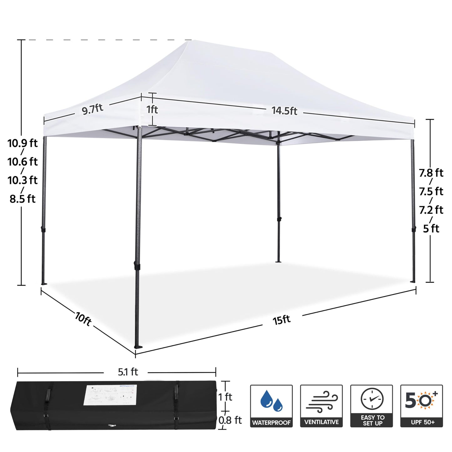 Yaheetech Heavy Duty Pop Up Canopy Tent, 10x15 Commercial Instant Shelter Tent, Outdoor Adjustable Canopy with Wheeled Bag, 4 Sandbags & 8 Stakes, White