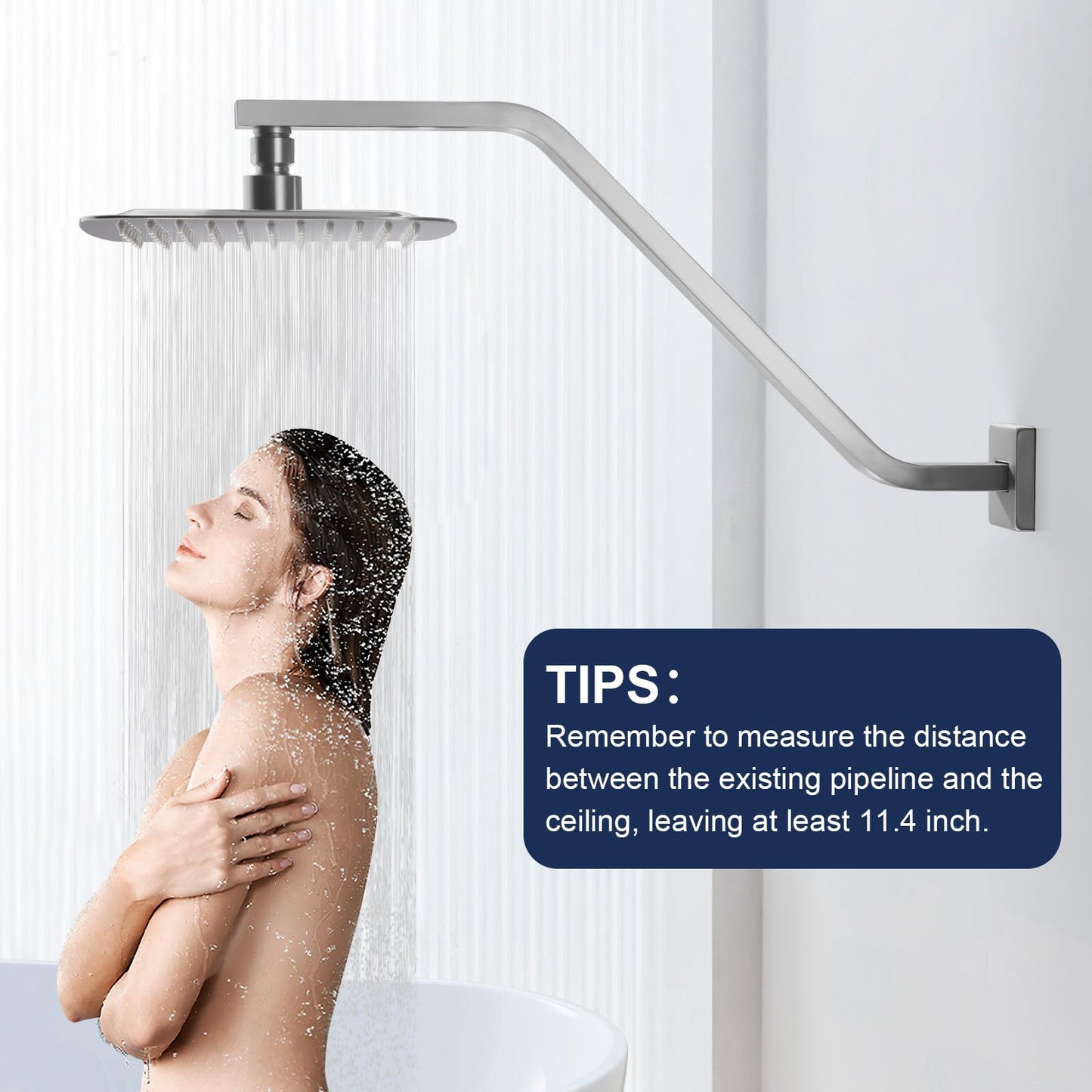 Square Shower Head Extension Arm with Flange, 16.5 Inch Z/S Shaped High Rise Shower Pipe Extender Wall-Mounted for Fixed Bathroom, Shower Head Goose Neck Arm - Extra Long Thread (Brushed Nickle)