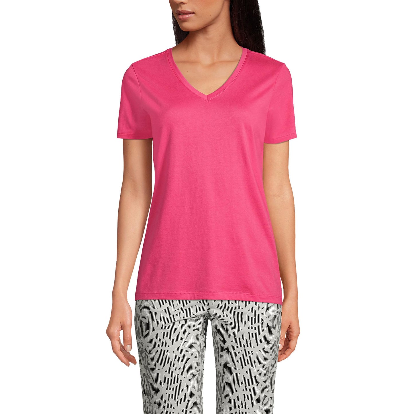 Lands' End Womens SS Relaxed Supima V Neck T Shirt Hot Pink Tall Small