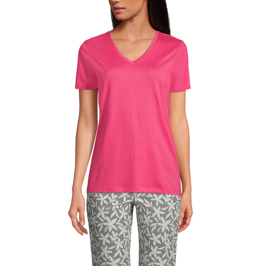 Lands' End Womens SS Relaxed Supima V Neck T Shirt Hot Pink Tall Small