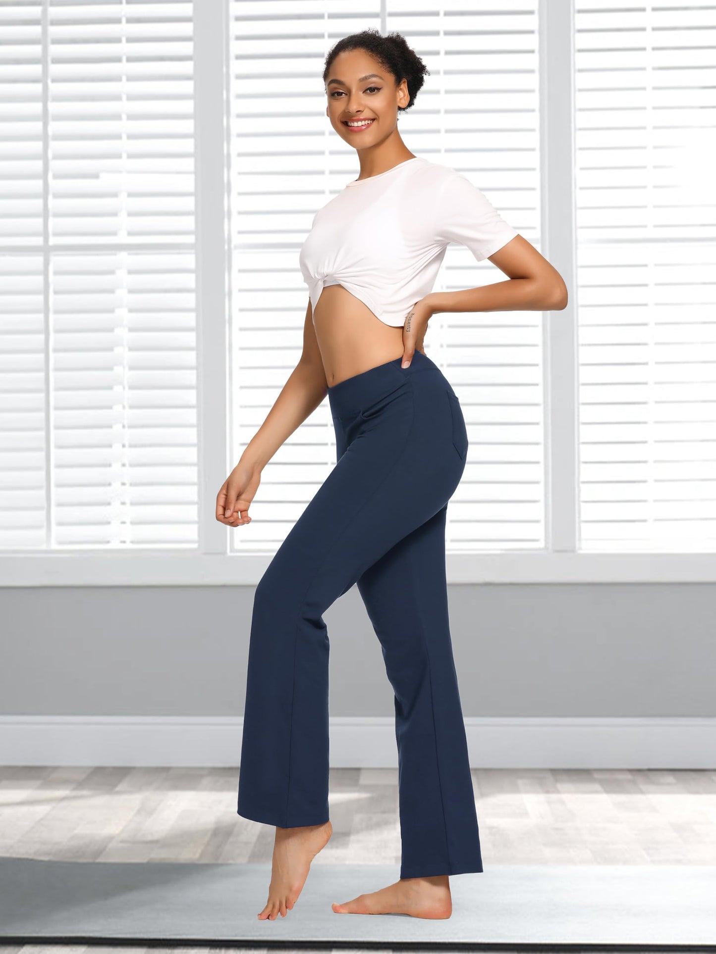 SEVEGO Women's Bootcut Yoga Dress Pants High Waist Stretch Work Pants with Pockets, 35" Deep Blue, L