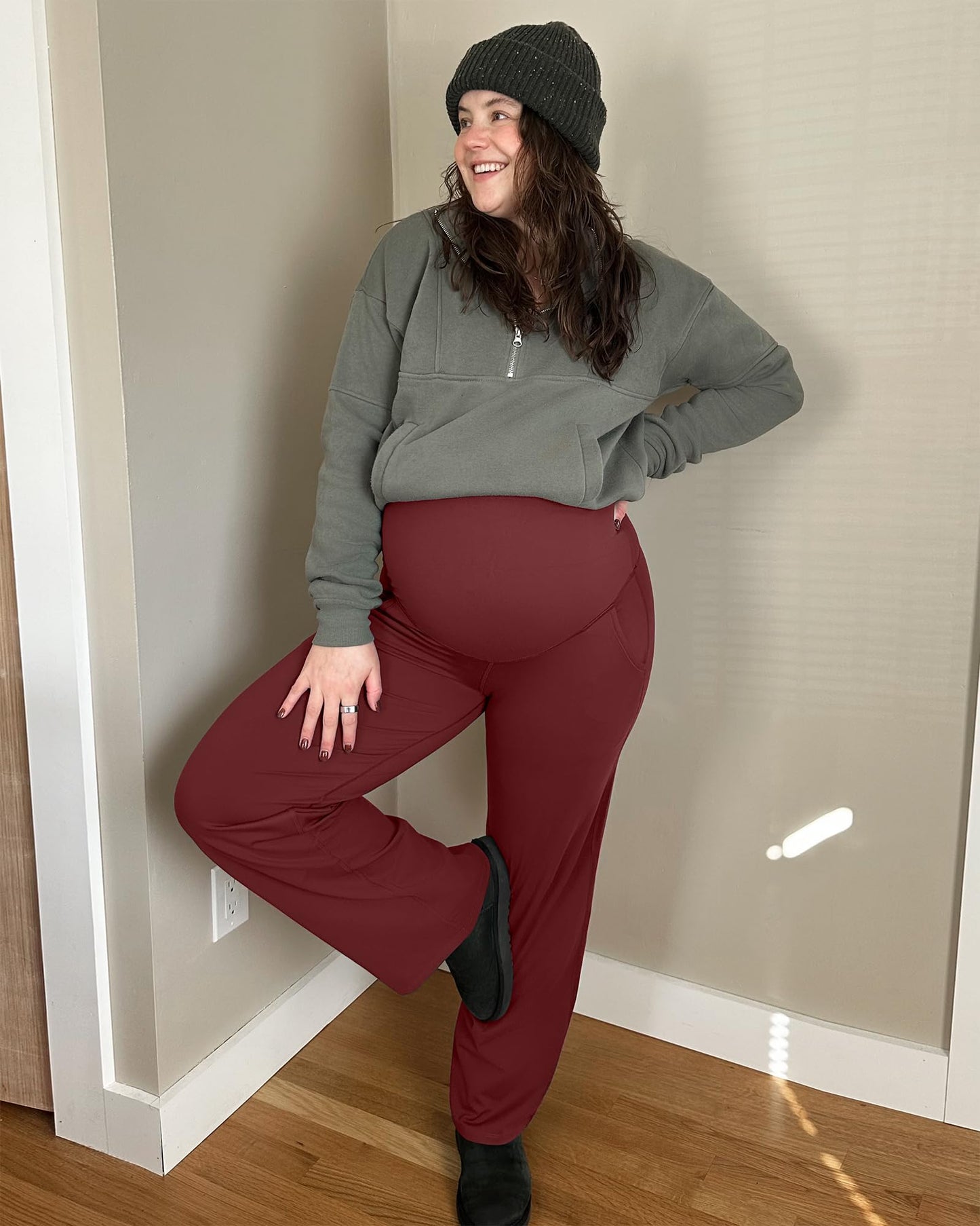 G4Free Maternity Outfits Pregnancy Leggings for Women Dress Work Pants High Waist Yoga Pants for Work and Casual Wear (Dark Burgundy,L,32")