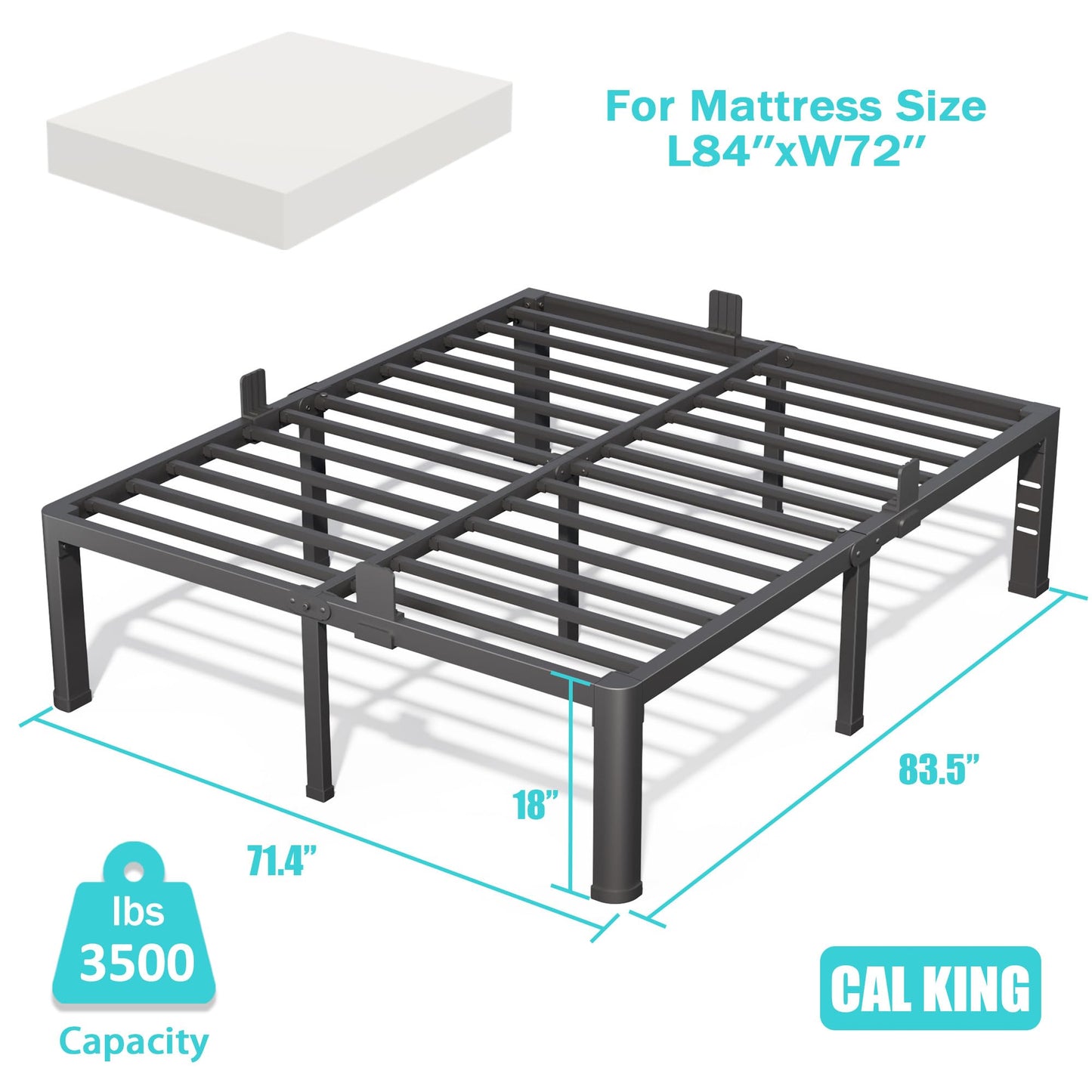 Firpeesy 18 Inch California King Bed Frame with Rounded Corner and Headboard Hole Mattress Retainers 3500 lbs Heavy Duty Support Metal Platform Bed Frame Noise Free No Box Spring Needed Easy Assembly