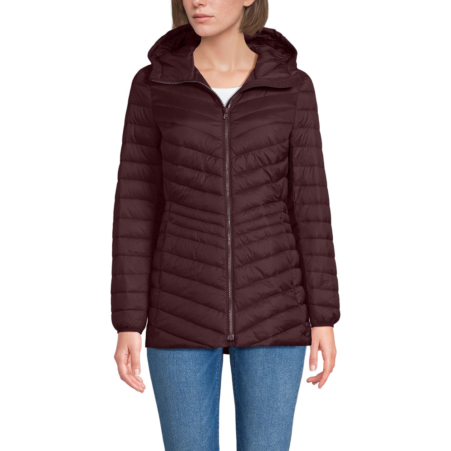 Lands' End Womens Packable Chevron Hooded Long Wanderweight Down Jacket Lush Burgundy Tall Medium