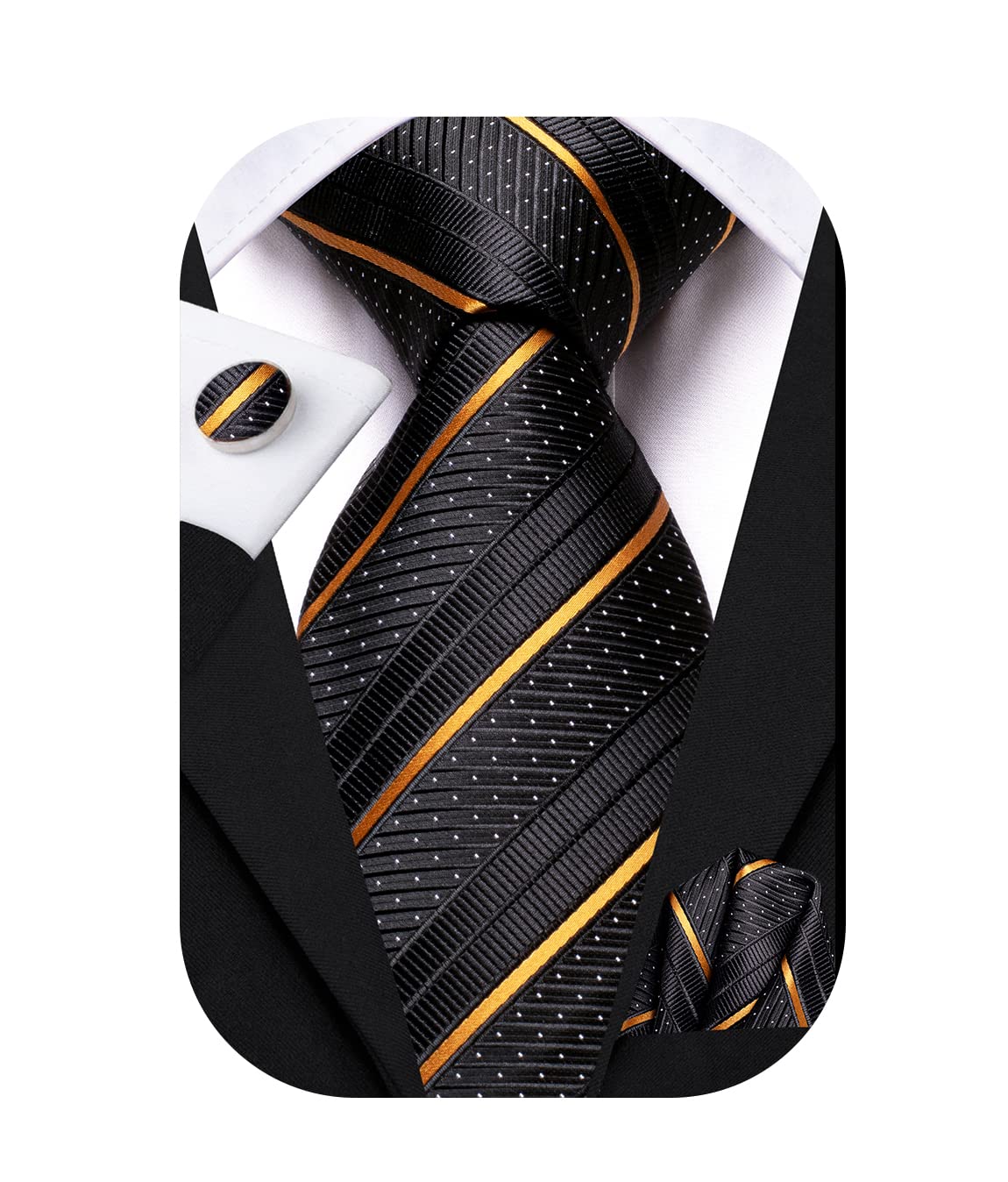 Hi-Tie Black Gold Extra Long Ties for Men Silk 70'' Men's Ties Set Stripe Necktie and Pocket Square Cufflinks for Wedding