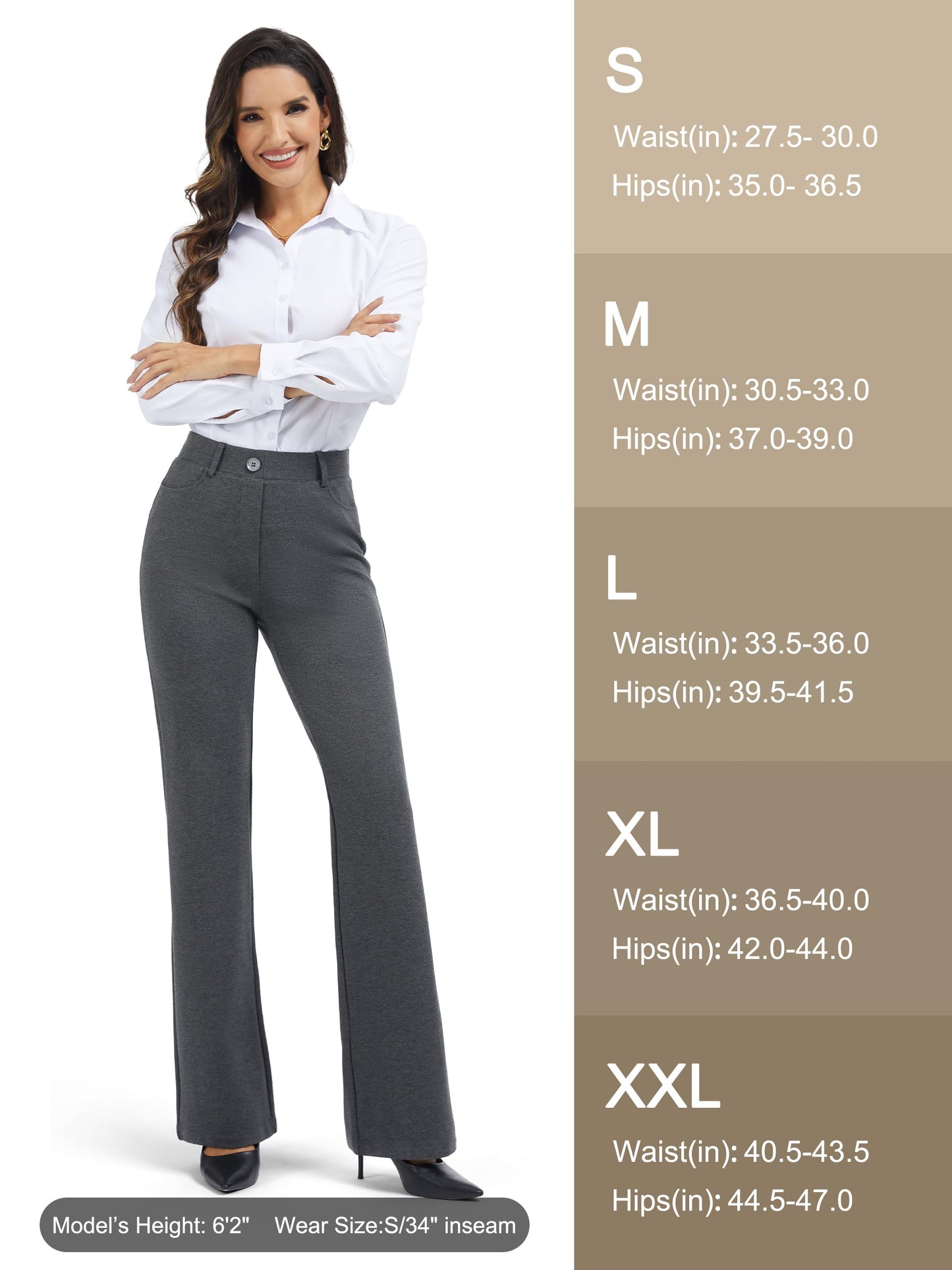 Tallemon Tall Womens Extra Long 38" Inseam Flared Dress Pants with Pockets Stretchy Work Utility Formal Slack, Charcoal, XXL