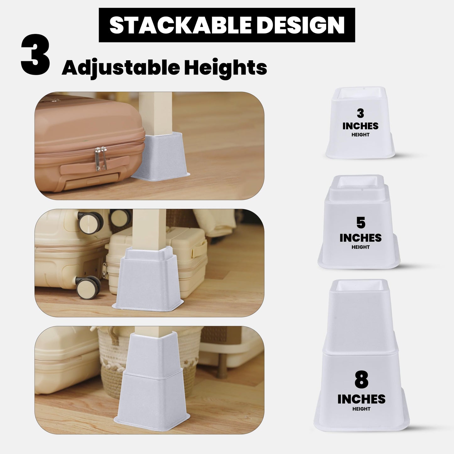 Utopia Bedding Adjustable Bed Furniture Risers - Elevation in Heights 3, 5 or 8 Inch Heavy Duty Risers for Beds and Under Bed Storage - Supports up to 1,300 lbs - (Set of 4 Riser, White)