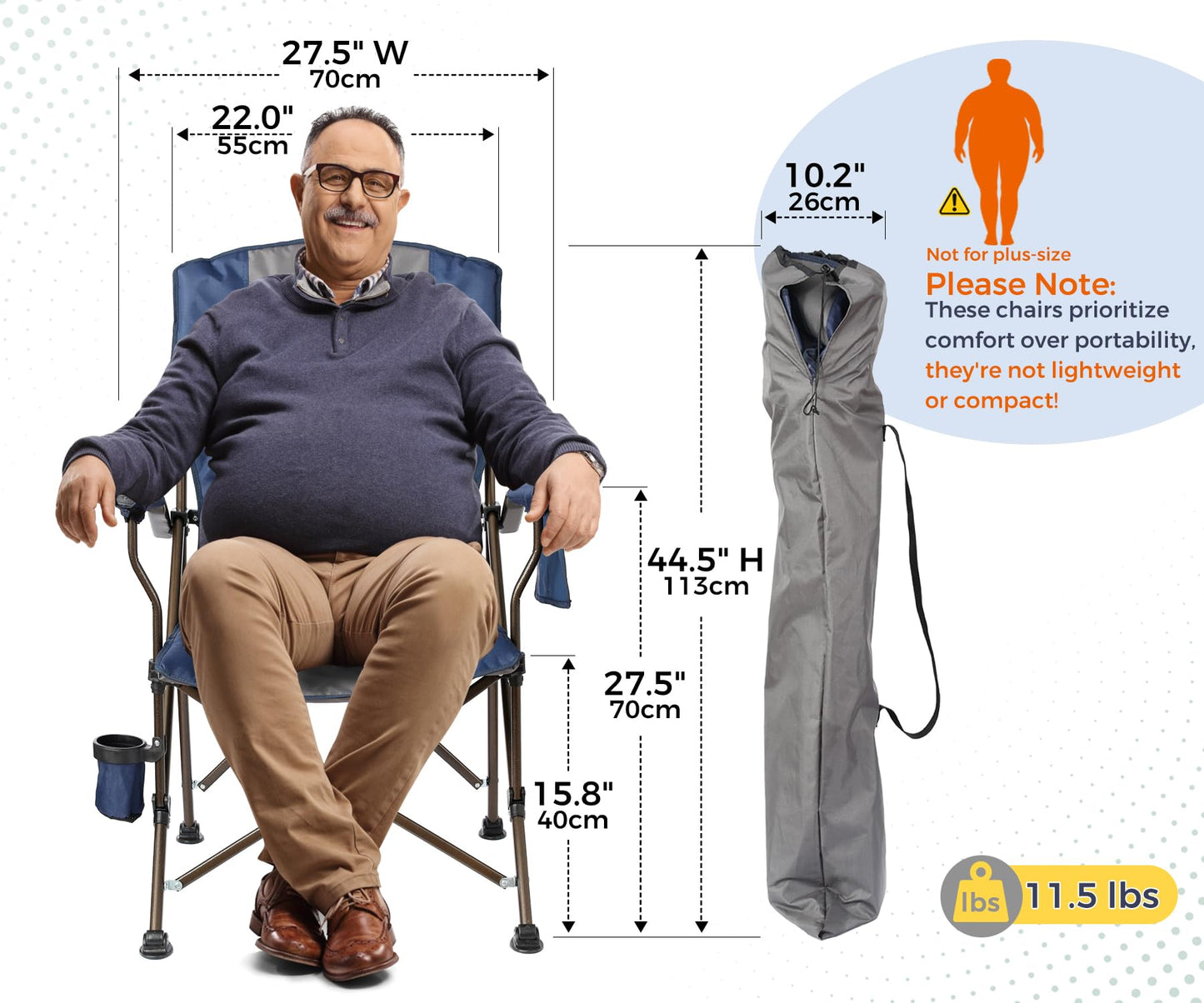 SKIKEN Large High Back Camping Chair for Adults - Oversized Comfortable for Tall People - Heavy Duty 450lbs Capacity K-Frame, Padded Seat & Armrests for Sitting Fishing Lawn Outside, Cup Holder (Blue)