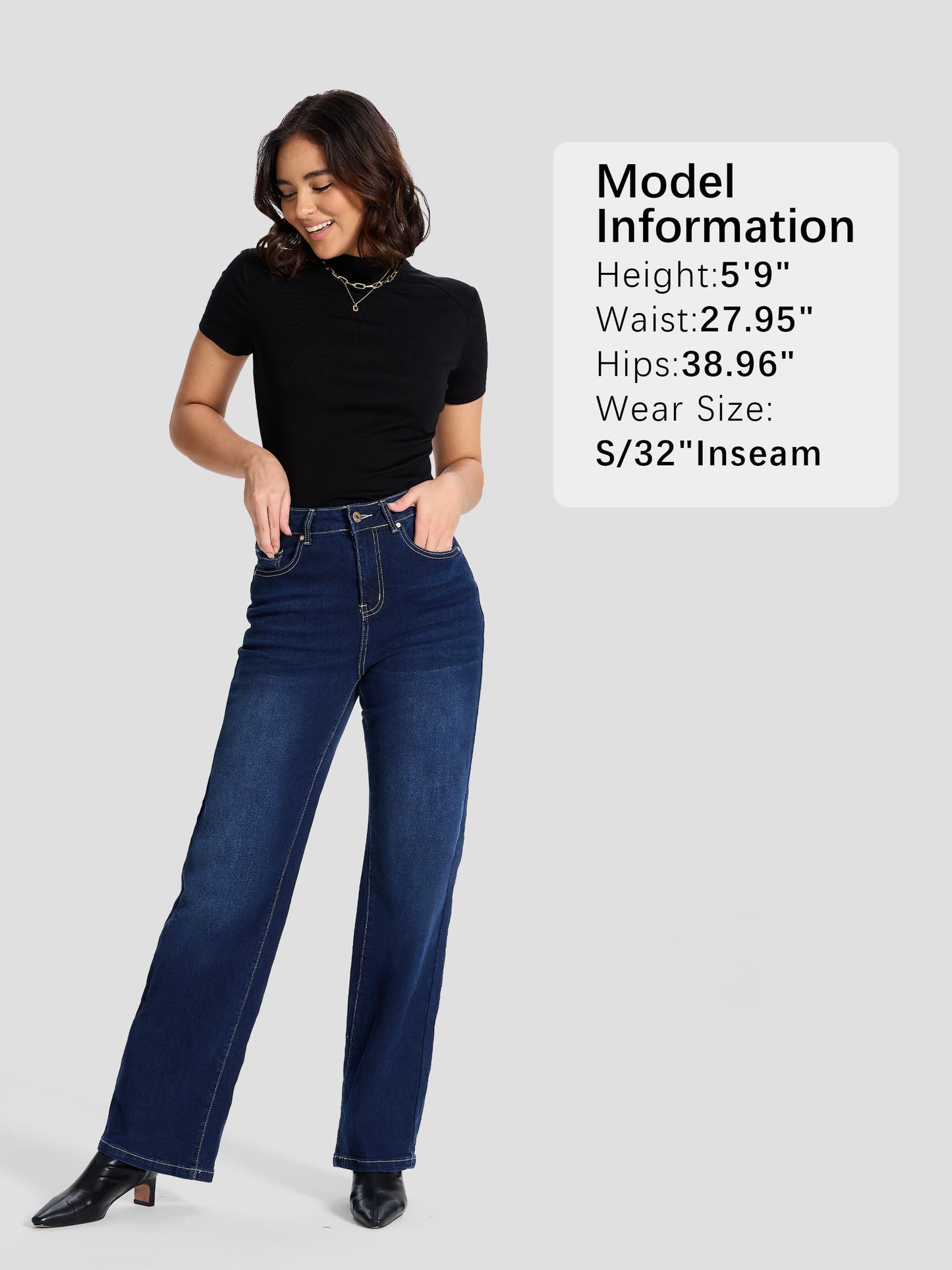 SEVEGO Women's 32"/34"/36" Tall Straight Leg Jeans Mid Waisted Stretchy Loose Denim Pants Casual Baggy Jean Trousers 32'', Dark Blue, XL