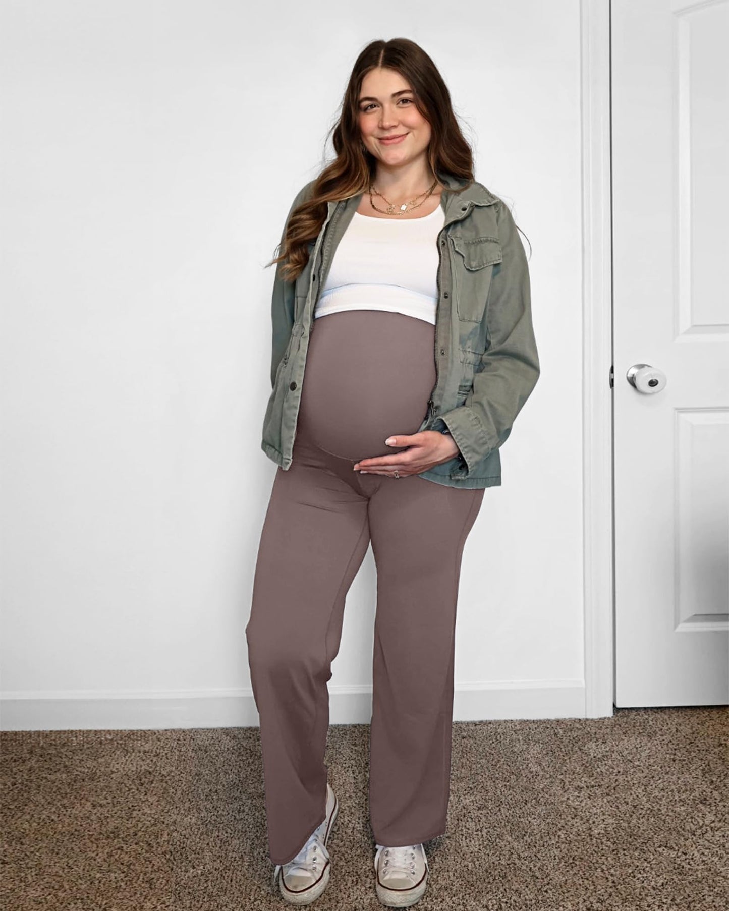 G4Free Woman Maternity Lounge Pants Over The Belly High Waist Wide Leg Pregnancy Yoga Pants for Workout Active Wear(Taupe,XS,34")