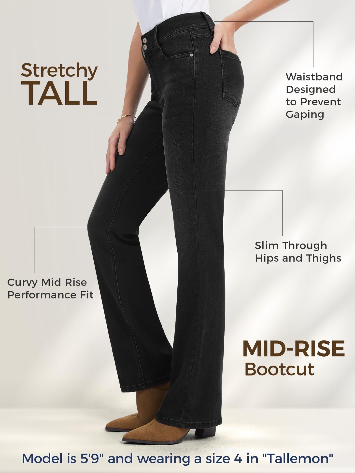Tallemon Tall Women's Bootcut Jeans Curvy Mid-Rise Stretchy Denim Pants Classic Bell Bottom Trouser,34",Black,16