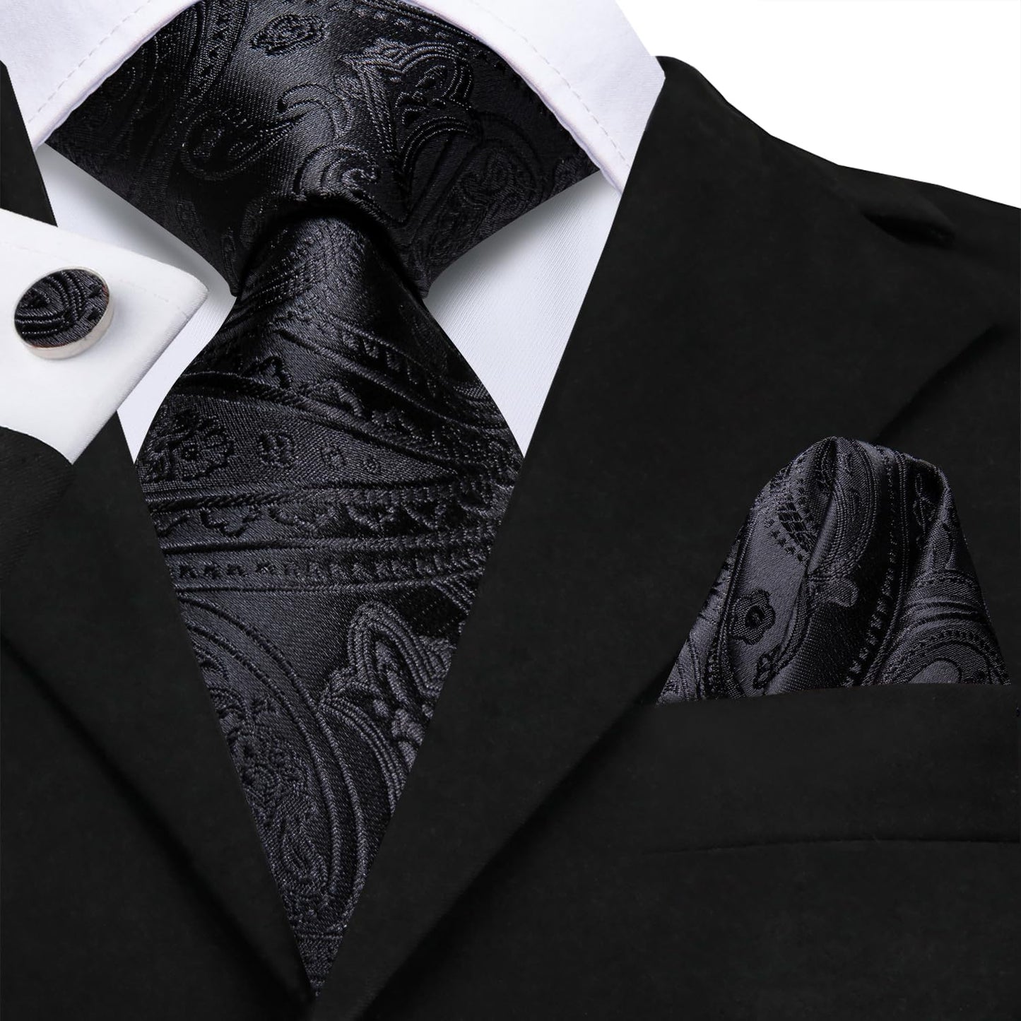 Hi-Tie 70''Black Ties for Men Extra Long Silk Paisley Mens Ties Set Dress Necktie and Pocket Square Cufflink for Funeral