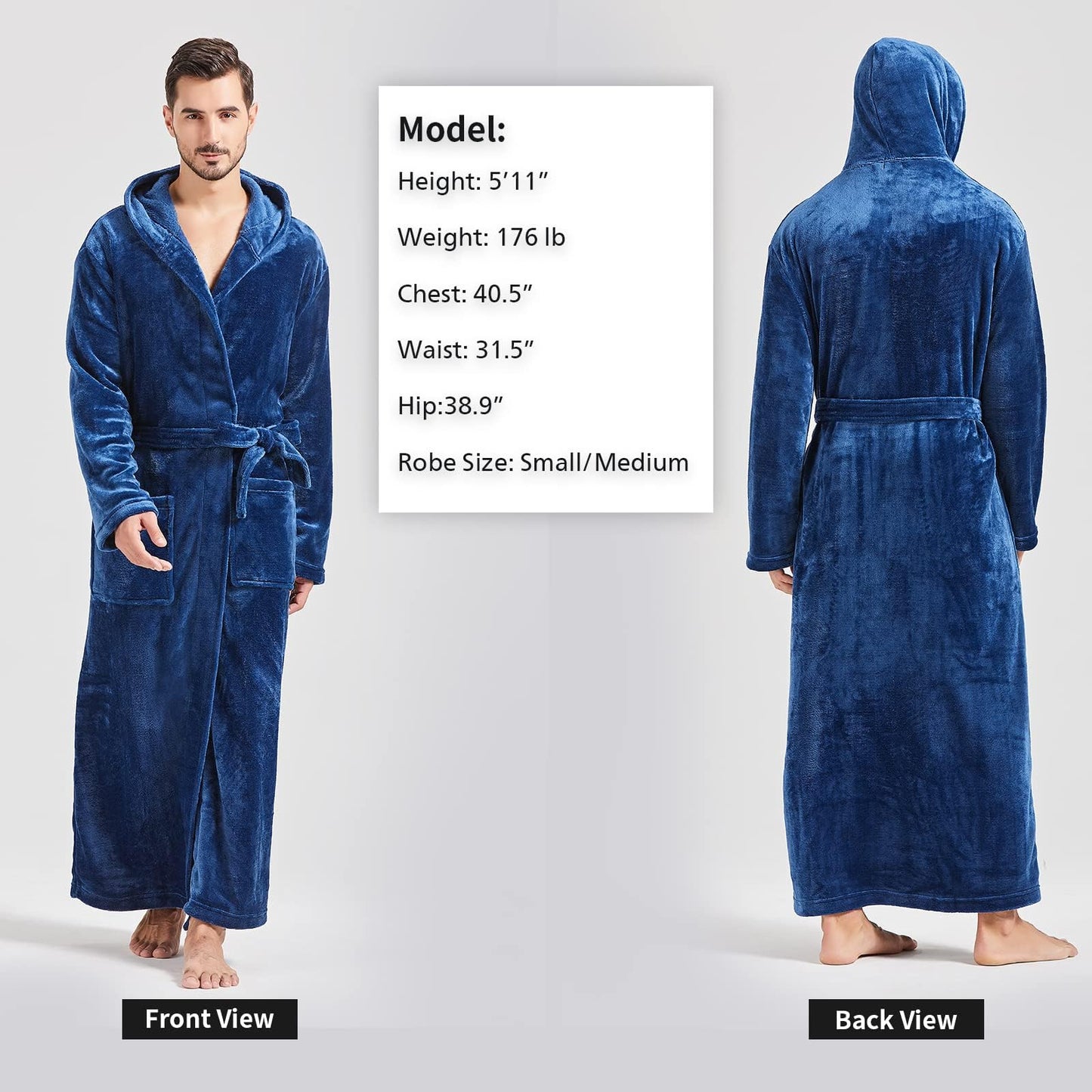 FashGudim Mens Robes Big and Tall with Hood Flannel Fleece Men Bathrobe with Hood Full Length Plush Long Robe Warm House Robe (Navy, 5XL)