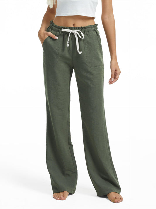 SEVEGO Women's Casual Linen Pants Long 32" Inseam Flared Leg Smocked Waist Beach Summer Slacks, Green, Medium