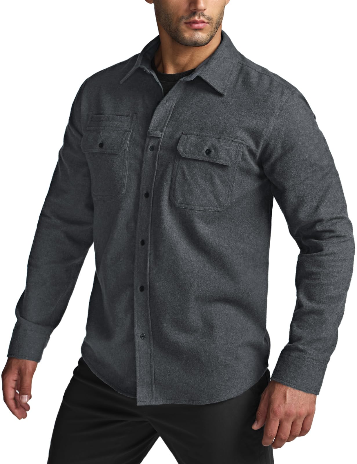 CQR Men's Flannel Button Down Shirts, Soft Cotton Plaid Long Sleeve Tactical Work Shirt, Warm Outdoor Essential with Pocket, Stealth Grey, X-Large Tall