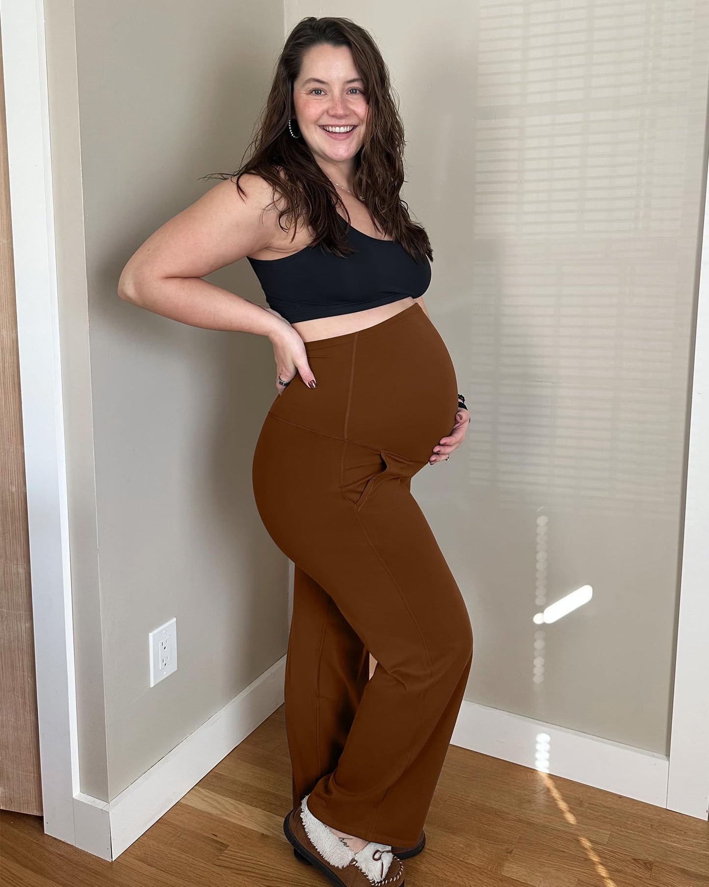 G4Free Maternity Leggings Over The Belly with Pockets Soft Wide Leg Pregnancy Yoga Pants for Casual Athletic Workout (Dark Coffee,L,32")
