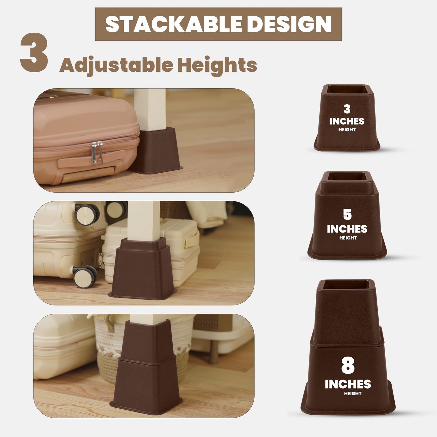 Utopia Bedding Adjustable Bed Furniture Risers - Elevation in Heights 3, 5 or 8 Inch Heavy Duty Risers for Beds and Under Bed Storage - Supports up to 1,300 lbs - (Set of 8 Riser, Brown)
