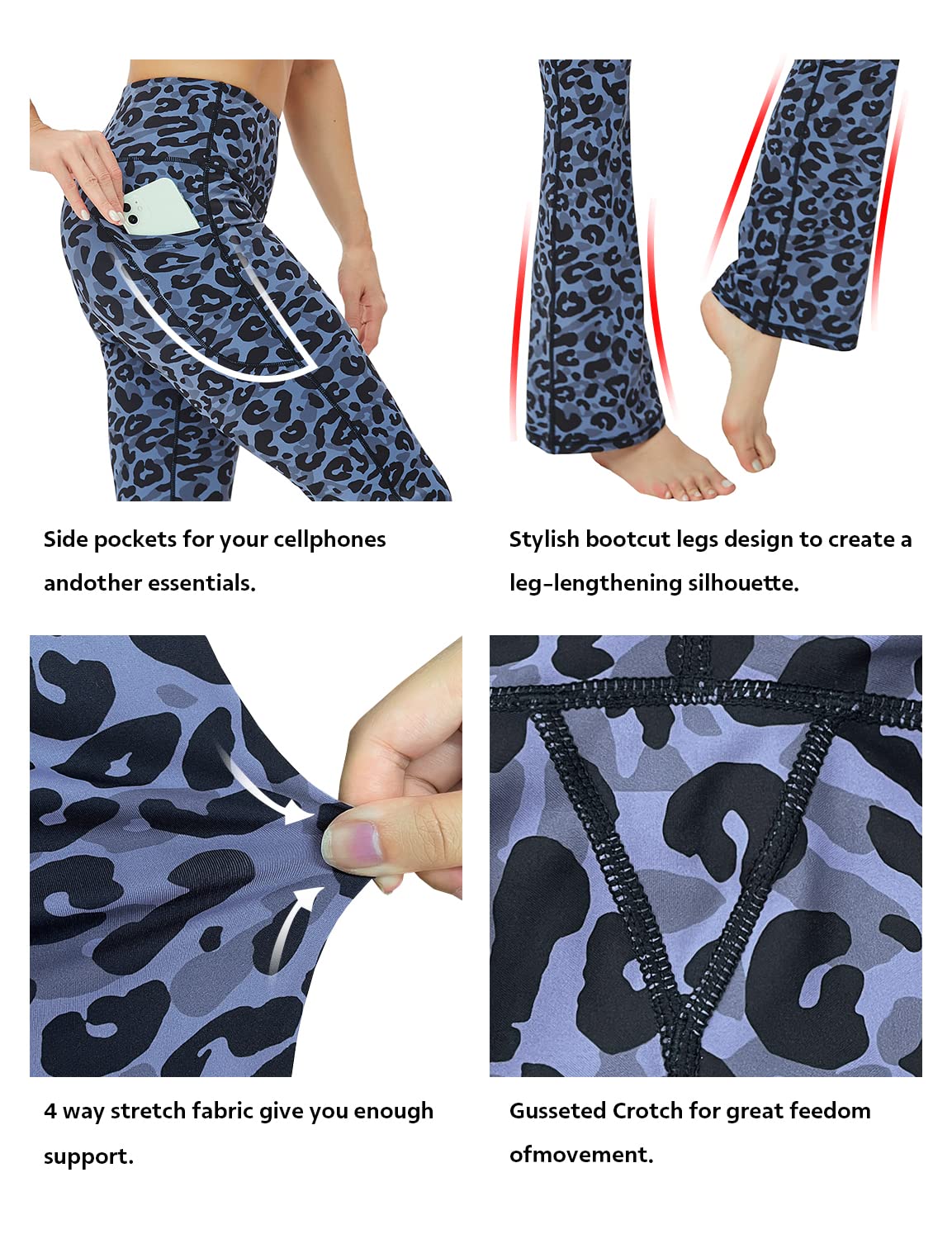 BUBBLELIME 29"/31"/33"/35" 4 Styles Women's Tummy Control Bootcut Yoga Pants - Side Pockets_Navy_Leopard S-35 Inseam