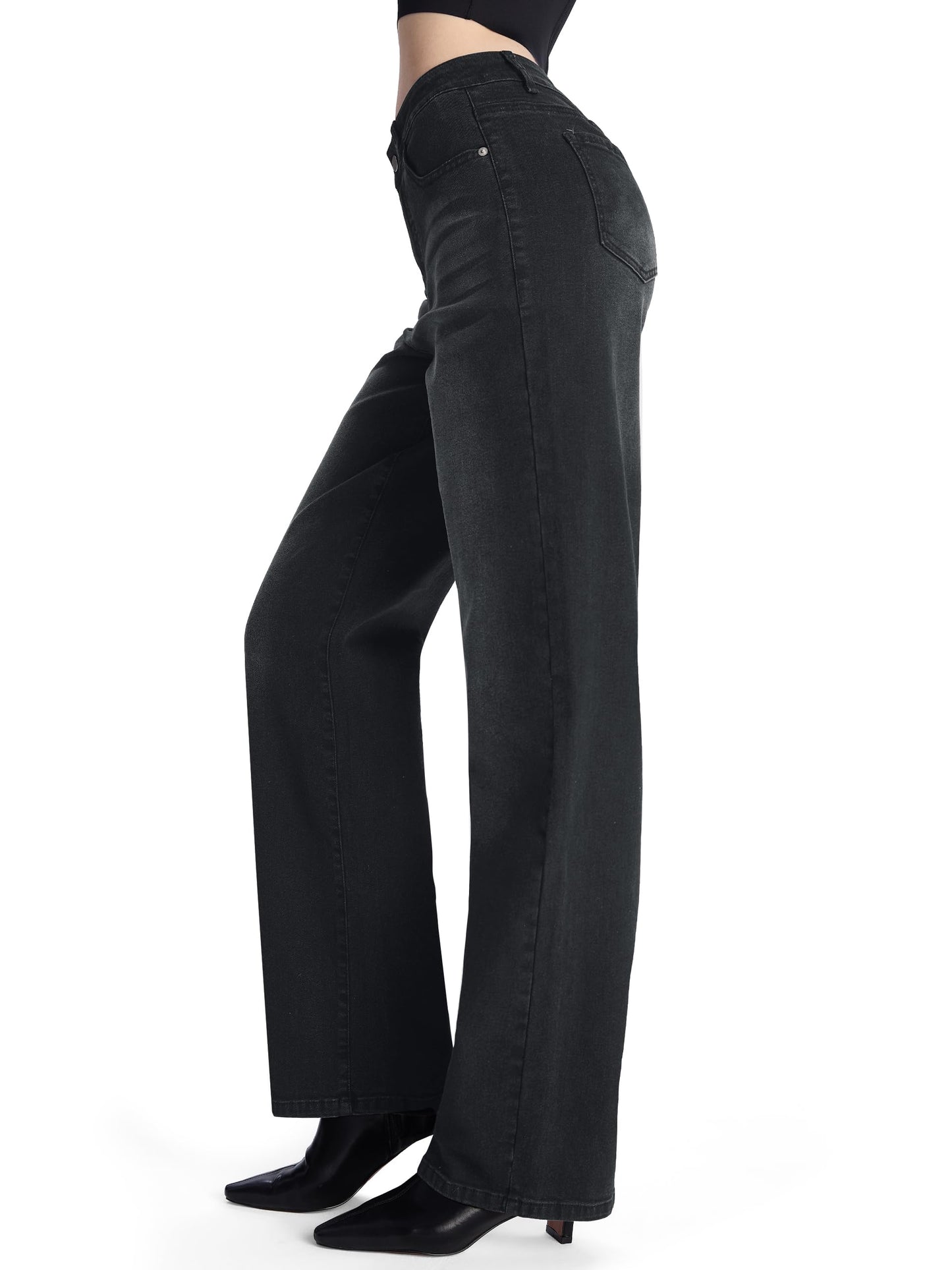 SEVEGO Women's 32"/34"/36" Tall Straight Leg Jeans Mid Waisted Stretchy Loose Denim Pants Casual Baggy Jean Trousers 32'', Black, L