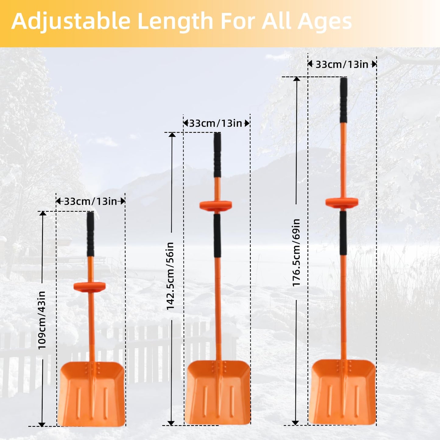 Snow Shovel for Driveway 69 Inch Portable Shovel with Back-Saving Tool Handle Adjustable Large Capacity Snow Shovel for Car Multifunctional Shovel for Cars Garden Farm, Orange
