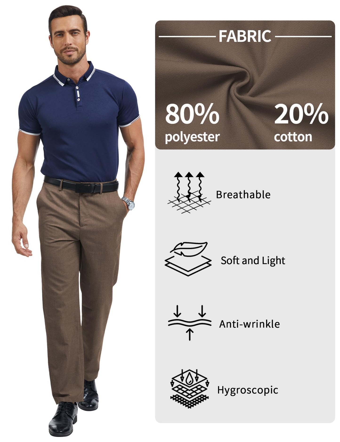 Men's Tall Classic Fit Flex Flat Front Dress Pants Formal Pants for Business & Office Coffee