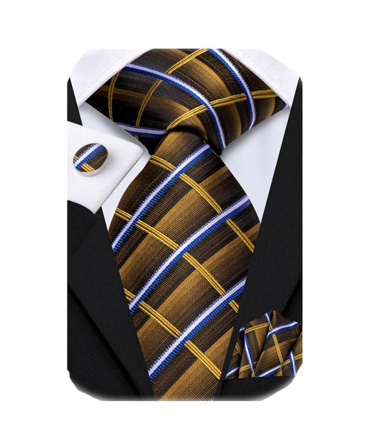 Hi-Tie 70'' Extra Long Ties for Men Silk Navy Brown Mens Ties Set and Pocket Square Cufflinks Checks Necktie for Business