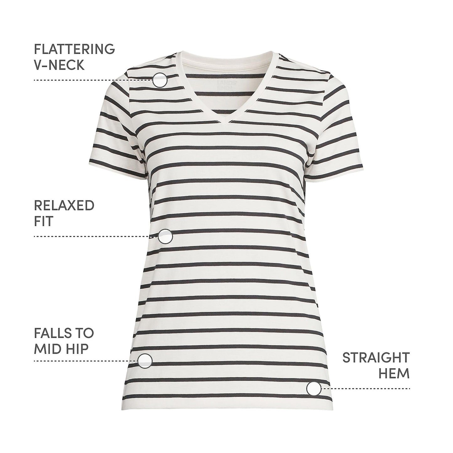 Lands' End Womens SS Relaxed Supima V Neck T Shirt Ivory/Black Breton Stripe Tall Small