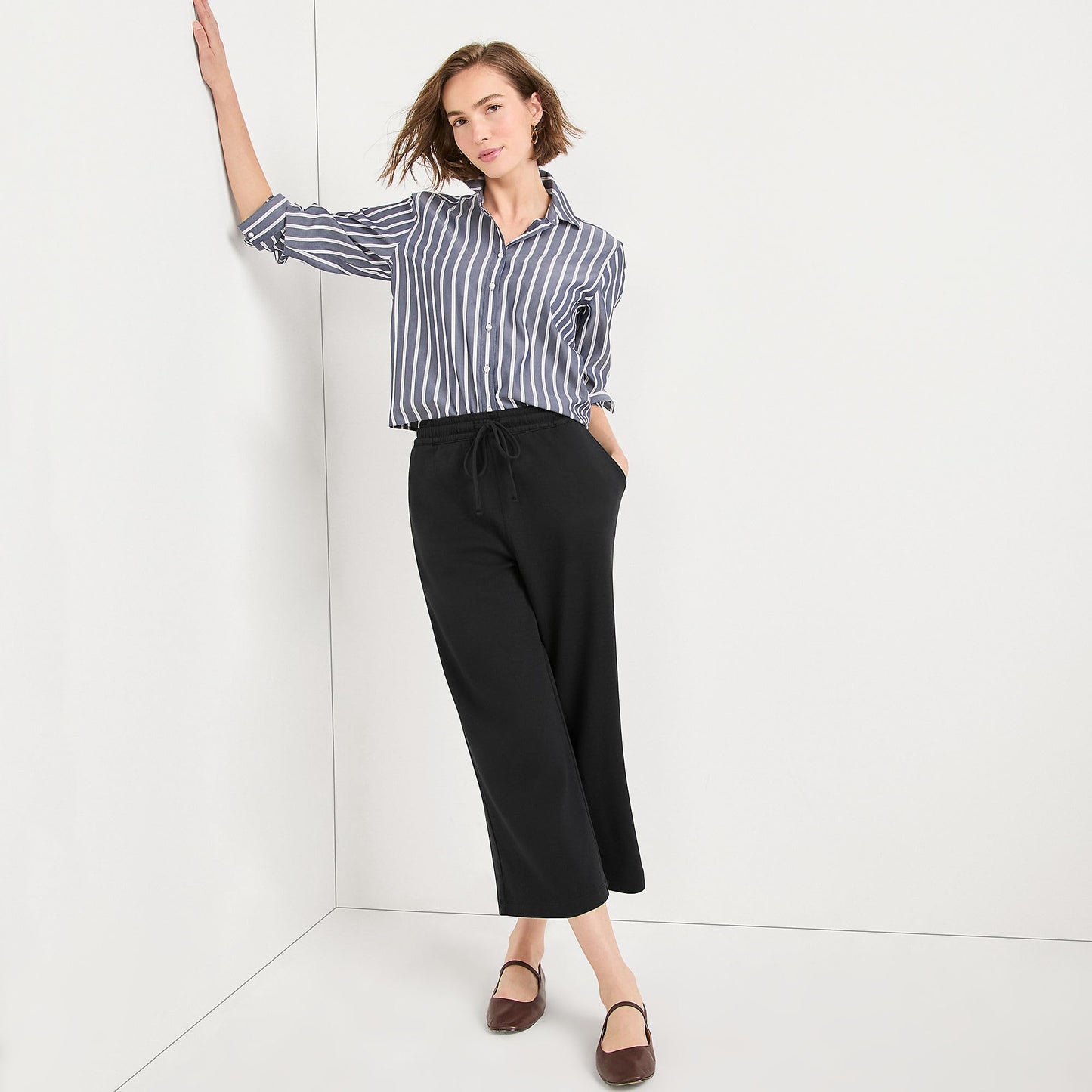 Lands' End Women's Tall Sport Knit Elastic Waist Wide Leg Crop Pants Medium Black