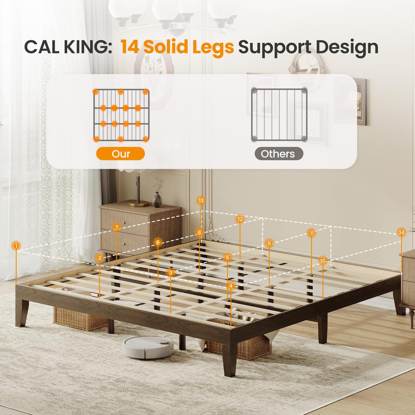 Cal King Size Wood Platform Bed Frame, 12 Inch Solid Wood Bed Frame with Wooden Slats, No Box Spring Needed, Easy Assembly,Espresso