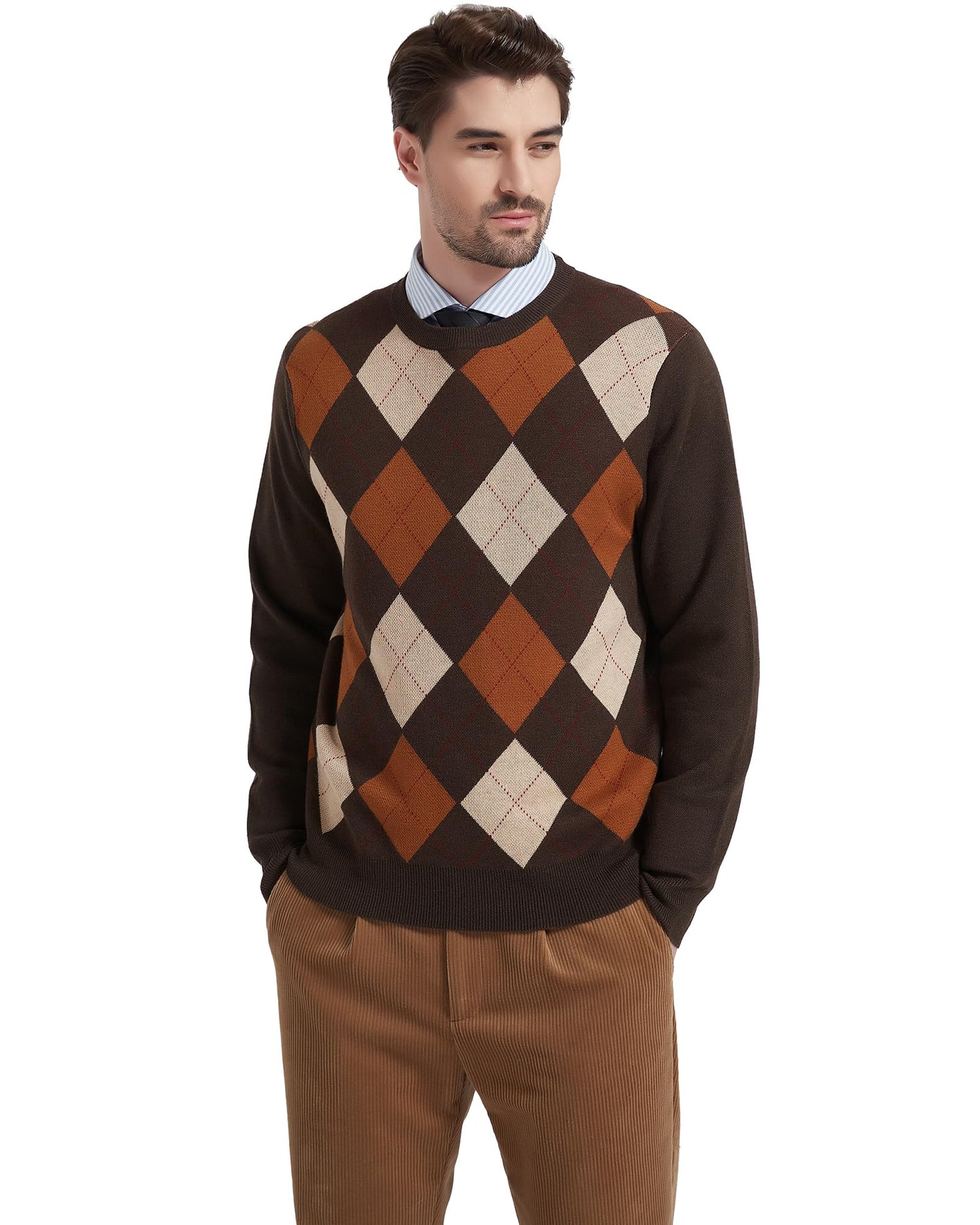 Kallspin Men's Wool Blend Crewneck Sweater Argyle Long Sleeve Pullover Sweater for Casual Or Dressy Wear(Brown,L-Tall)