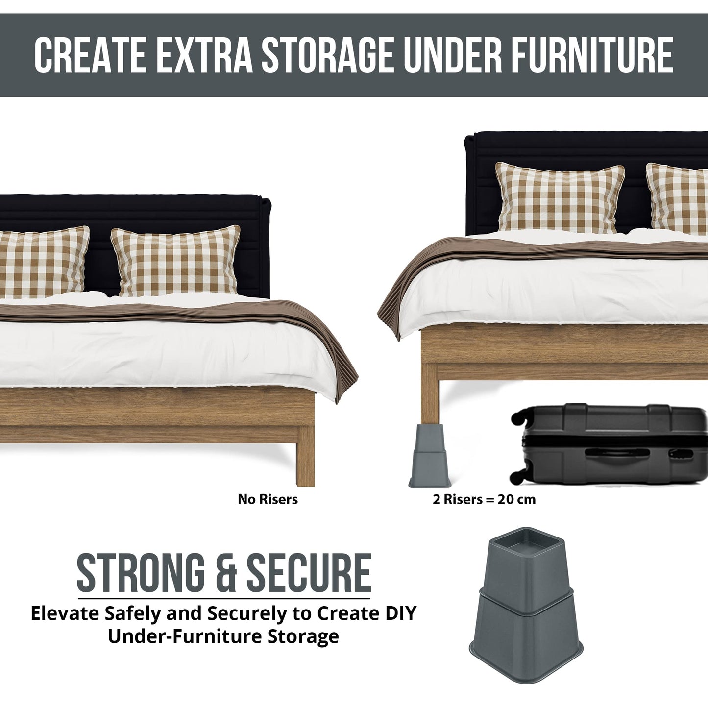 Utopia Bedding Adjustable Bed Furniture Risers - Elevation in Heights 3, 5 or 8 Inch Heavy Duty Risers for Beds - Supports up to 1,300 lbs - (Set of 4 Riser, Grey)