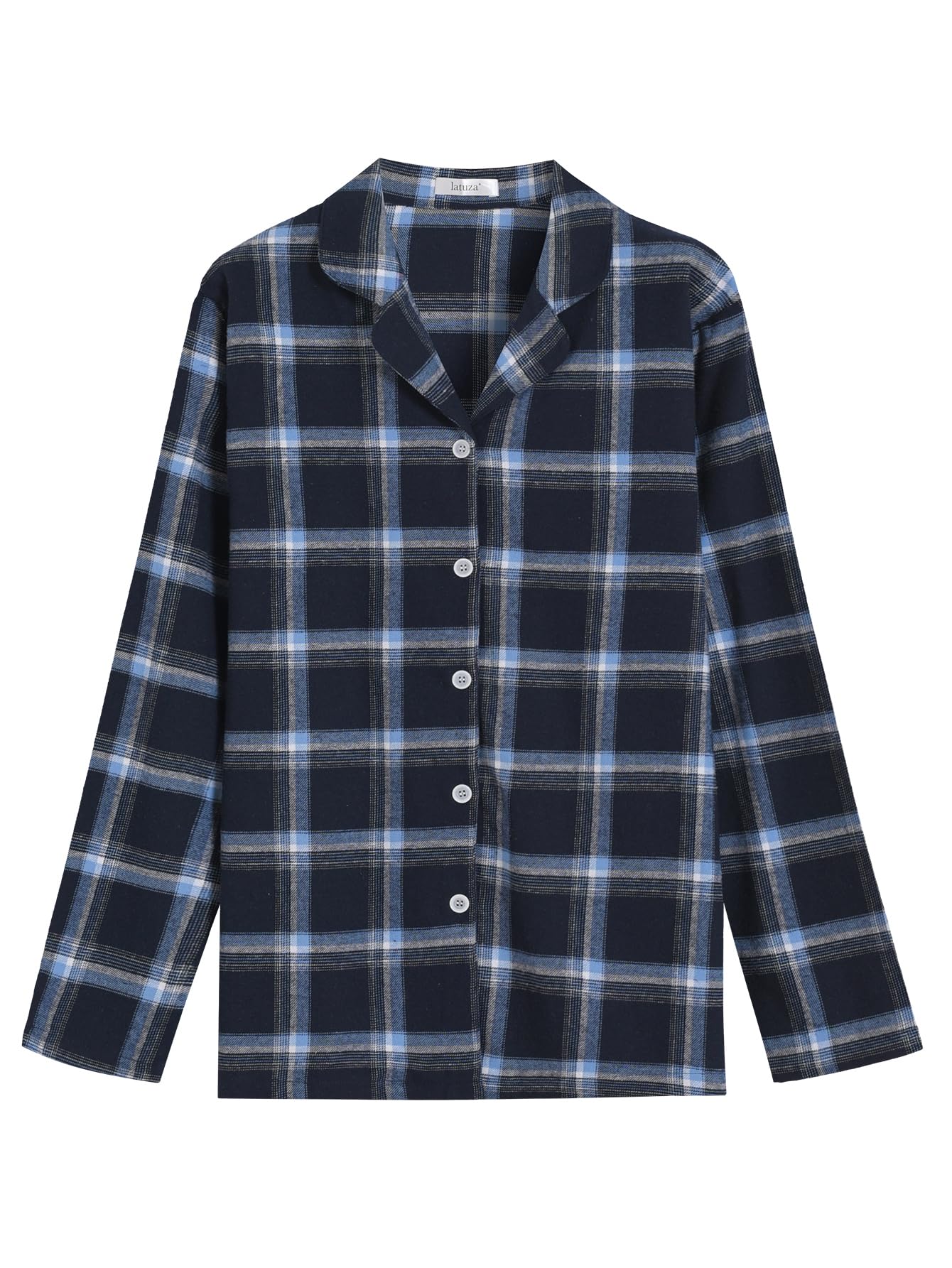 Latuza Women's Tall Flannel Pajama Set Extra Long Button Up Top Pants Pj Set M Navy Blue