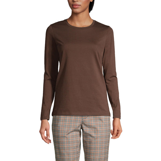 Lands' End Womens Long Sleeve Relaxed Supima Cotton Crew Neck T Shirt Rich Coffee Tall Medium