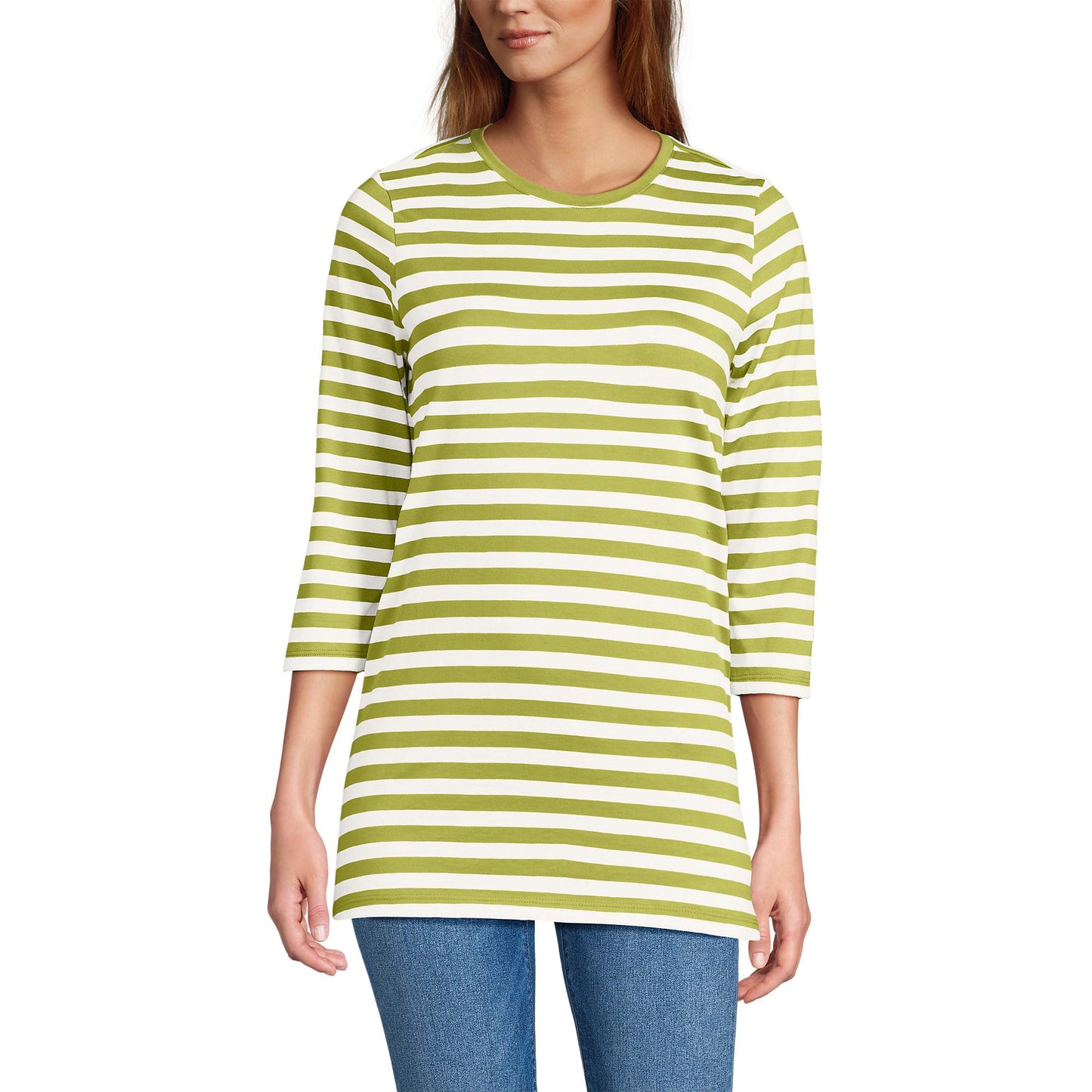 Lands' End Womens 3Q Cotton Supima Crew Neck Tunic Vintage Lime Even Stripe Tall Small