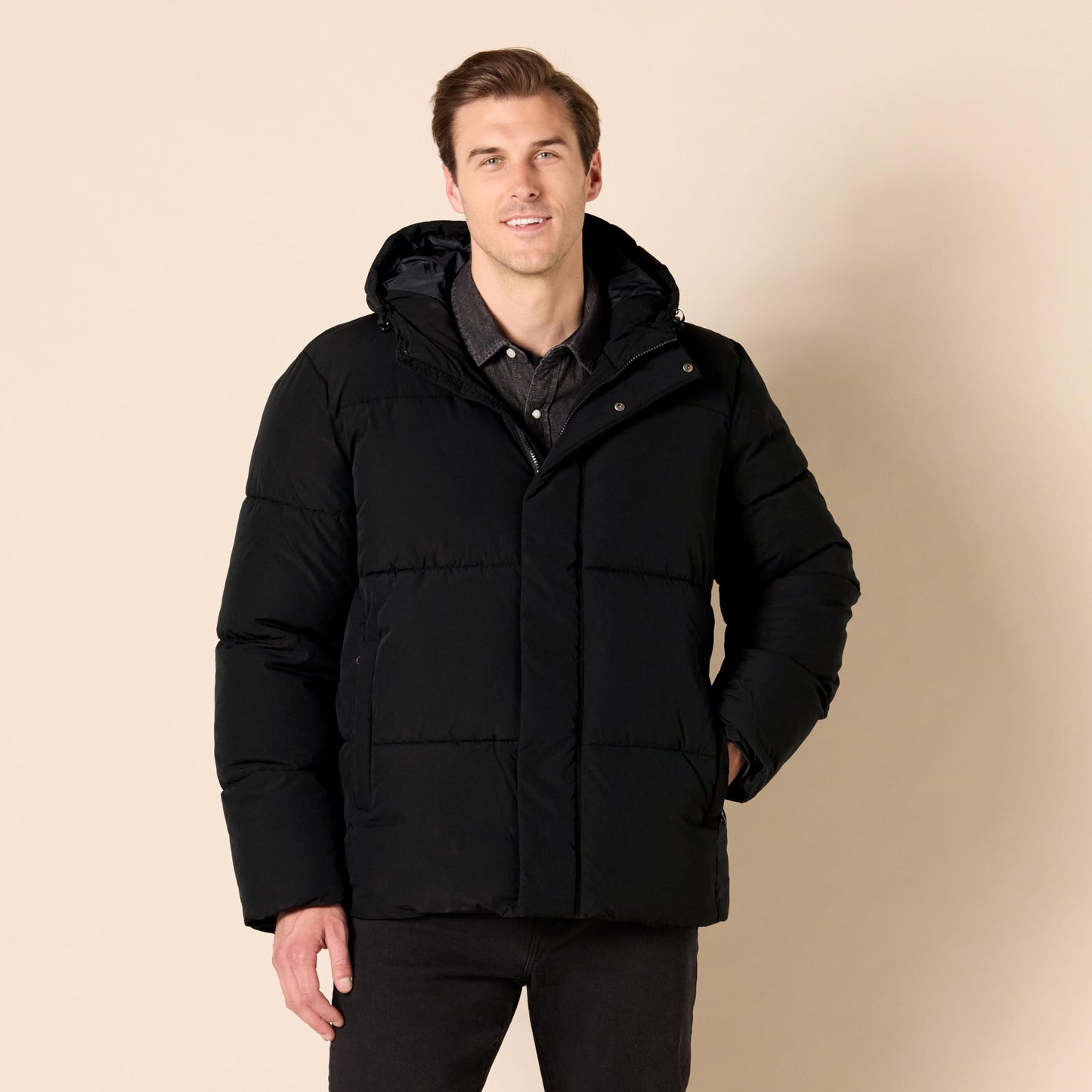 Amazon Essentials Men's Mid-Length Hooded Puffer Coat (Available in Big & Tall), Black, 3X-Large Big Tall