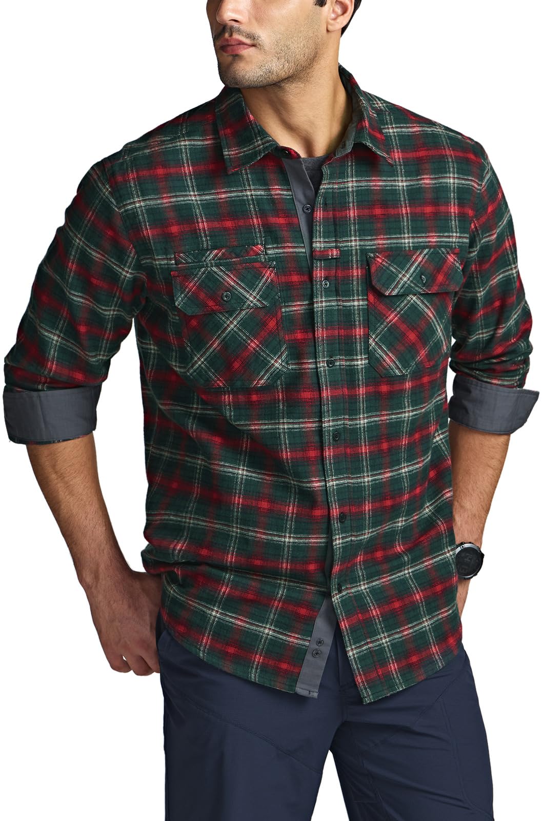 CQR Men's Flannel Button Down Shirts, Soft Cotton Plaid Long Sleeve Tactical Work Shirt, Warm Outdoor Essential with Pocket, Stealth Holiday Mood, X-Large Tall